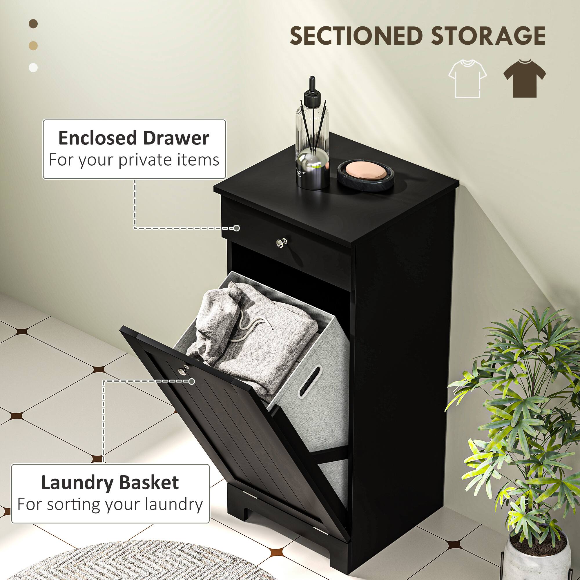 SECTIONED STORAGE

Enclosed Drawer  
For your private items

Laundry Basket  
For sorting your laundry