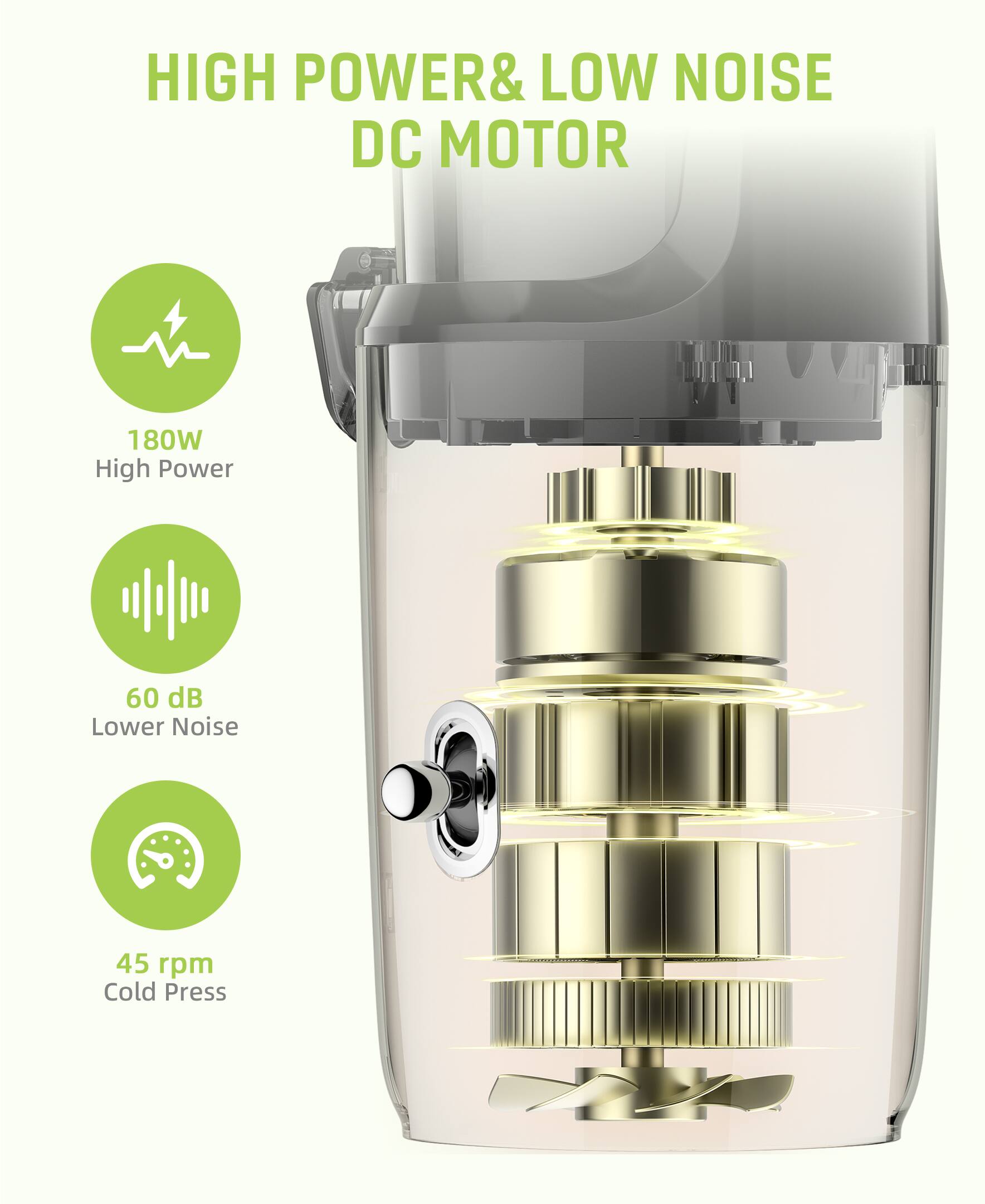 HIGH POWER & LOW NOISE DC MOTOR

- 180W High Power
- 60 dB Lower Noise
- 45 rpm Cold Press