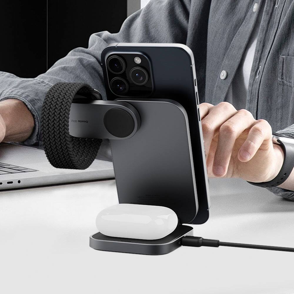 Alt View 7. Aukey - MagFusion 3-in-1 Foldable Magnetic Wireless Charger (Qi 2.0, 30W,  Charging Plug) - Grey.