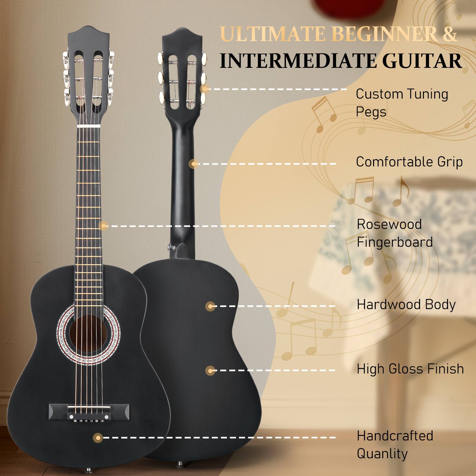 ULTIMATE BEGINNER & INTERMEDIATE GUITAR

- Custom Tuning Pegs
- Comfortable Grip
- Rosewood Fingerboard
- Hardwood Body
- High Gloss Finish
- Handcrafted Quality