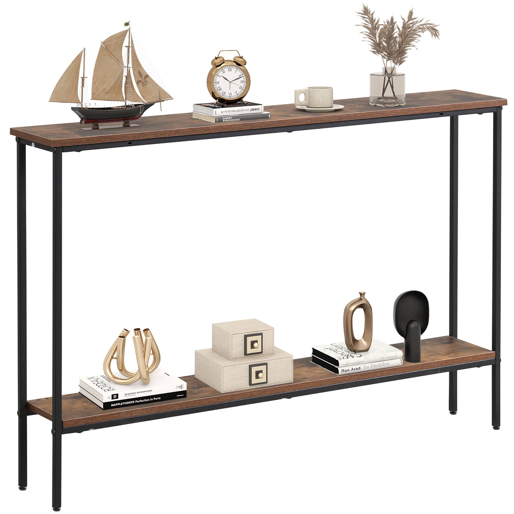 Gymax - 44'' Narrow Entryway Table Console Table w/ Shelf & Dual Anti-Tipping Kits Brown & Black - Rustic Brown, Black