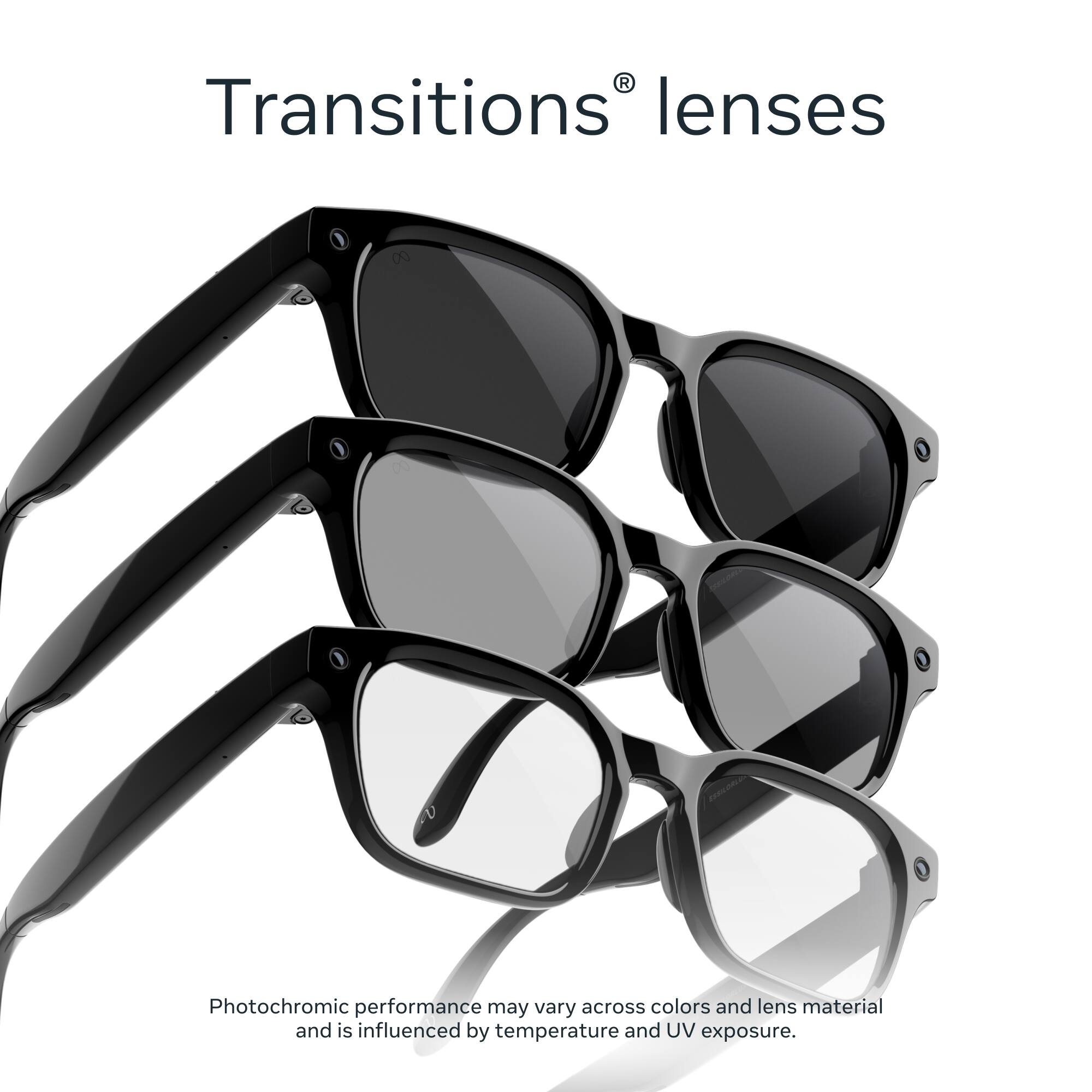 Transitions® lenses

Photochromic performance may vary across colors and lens material and is influenced by temperature and UV exposure.