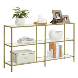 Songmics Home - 51.2 Inch Console Table with 3 Shelves, Sofa Tables, Modern Entryway Table, Metal Frame, Tempered Glass Shelf - Metallic Gold and Transparent