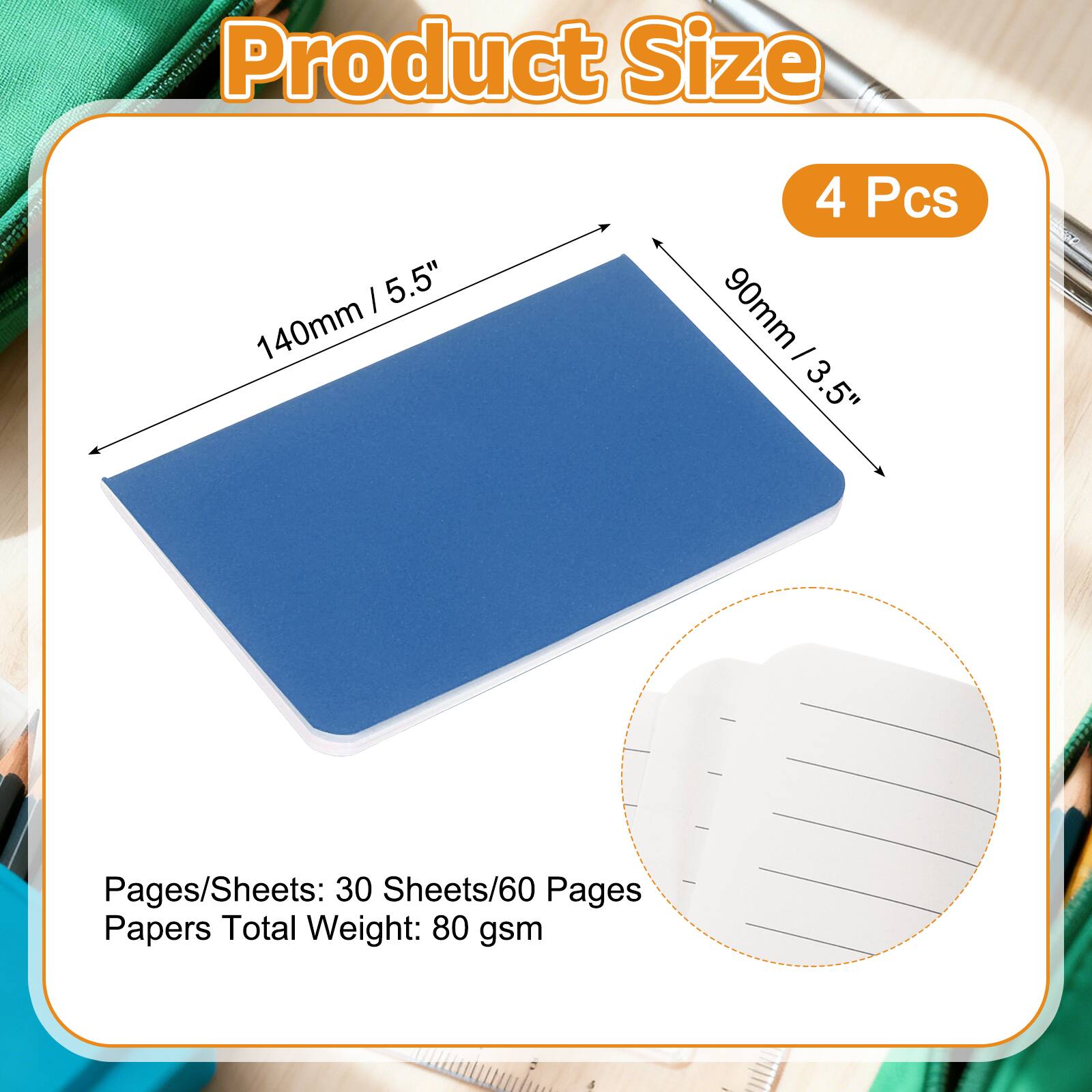 Product Size: 5.5" 140mm x 90mm/3.5"  
4 Pcs  
Pages/Sheets: 30 Sheets/60 Pages  
Papers Total Weight: 80 gsm