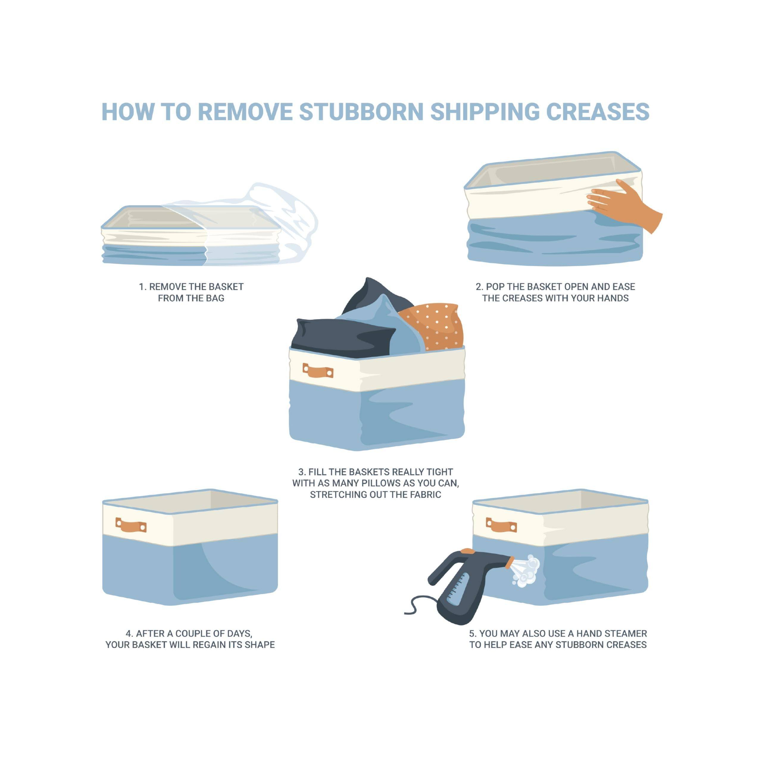 HOW TO REMOVE STUBBORN SHIPPING CREASES

1. REMOVE THE BASKET FROM THE BAG
2. POP THE BASKET OPEN AND EASE THE CREASES WITH YOUR HANDS
3. FILL THE BASKET REALLY TIGHT WITH AS MANY PILLOWS AS YOU CAN, STRETCHING OUT THE FABRIC
4. AFTER A COUPLE OF DAYS, YOUR BASKET WILL REGAIN ITS SHAPE
5. YOU MAY ALSO USE A HAND STEAMER TO HELP EASE ANY STUBBORN CREASES