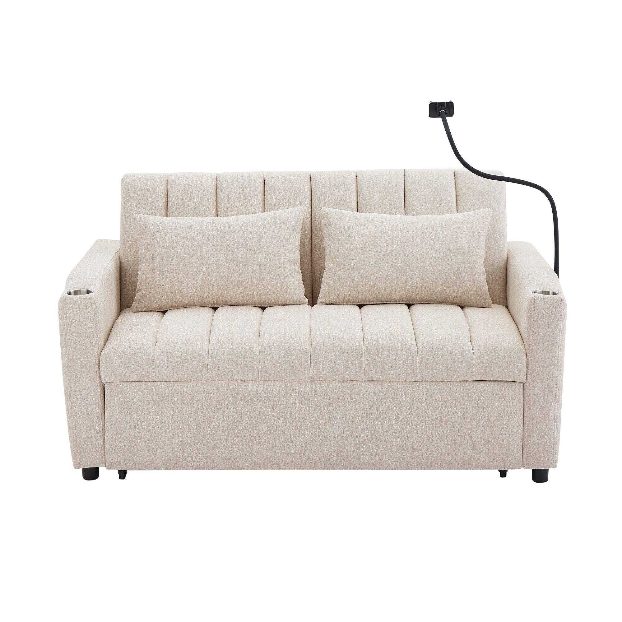 Front. Boyel Living - 55.9 in. Polyester Twin Size Convertible Sofa Bed with USB Ports and Side Pockets - Beige.
