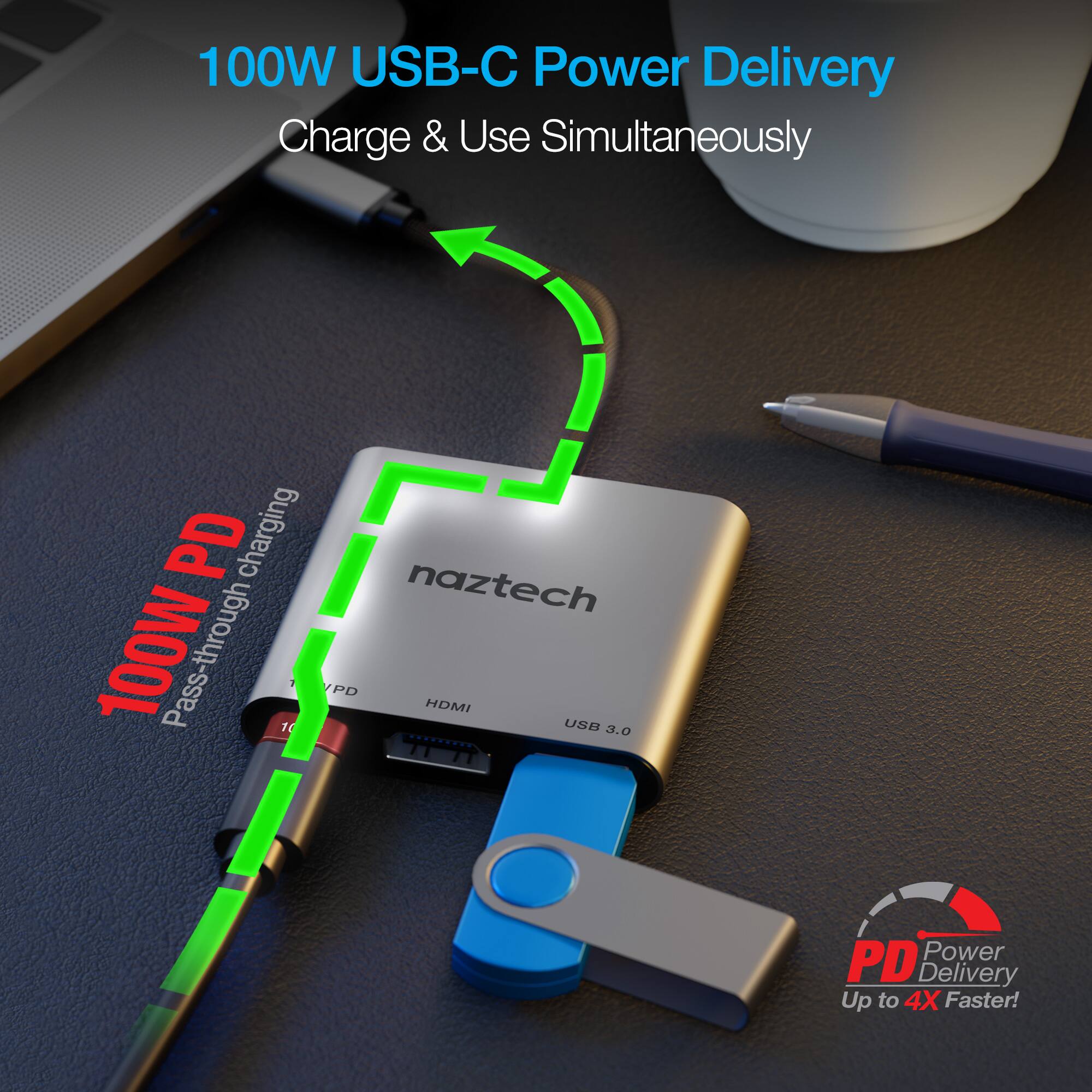 100W USB-C Power Delivery Charge & Use Simultaneously  
PD charging naztech 100W Pass-through  
14 1 PD HDMI USB 3.0  
T1 PD Power Delivery  
Up to 4X Faster!