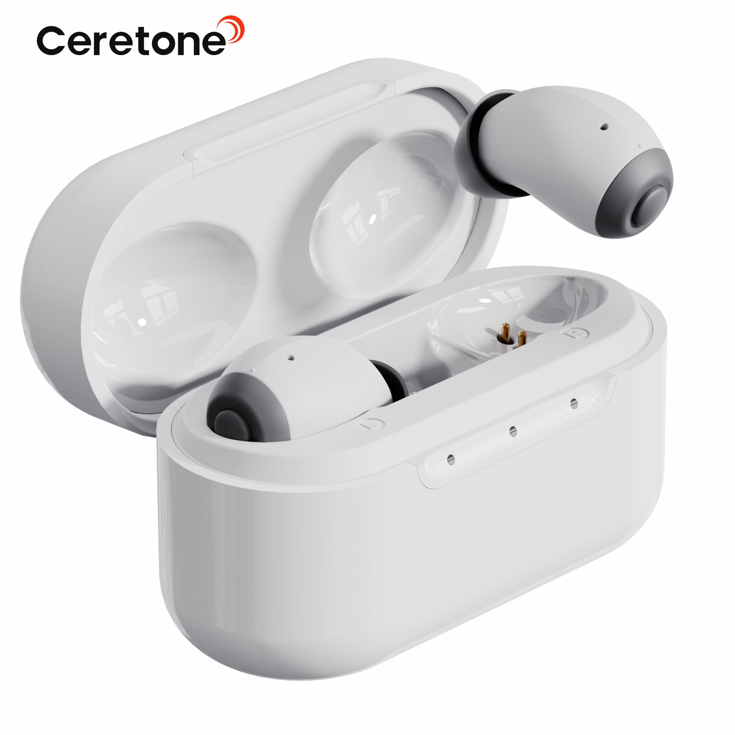 Angle. Ceretone - Style OTC Hearing Aid – Clear Sound with Noise Reduction, Ergonomic Fit, Sleek Modern Design, Water & Dust Resistant - White.