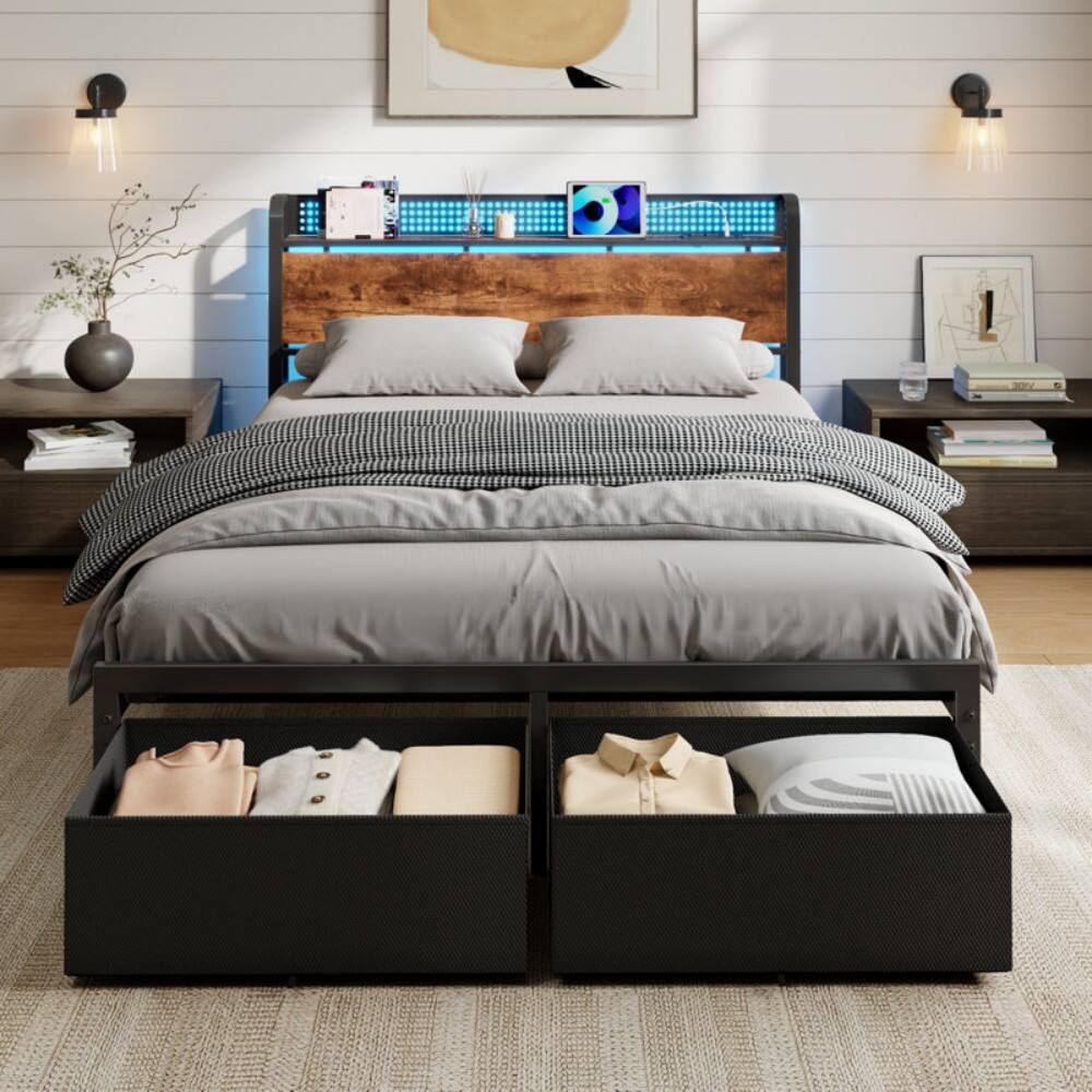Alt View 1. Furnulem - Bed Frame with 2 Underbed Drawers and Open Storage Headboard Adjustable LED Light and Charging Station - Brown.