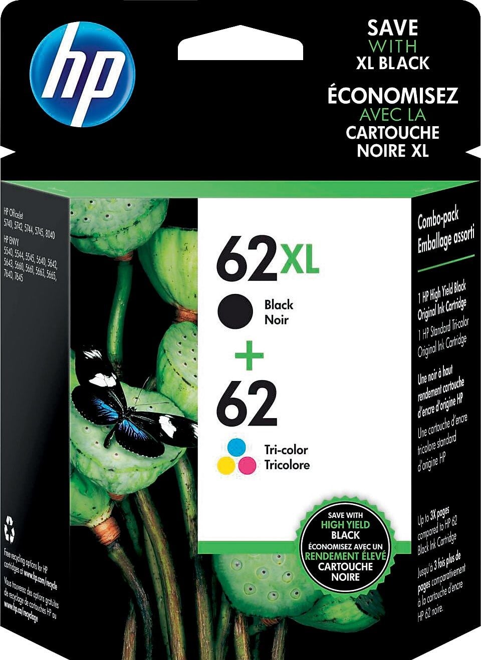 HP - 62XL/62 Multipack Ink Cartridges, 2/Pack (N9H67FN#140) - Black|Tri-color