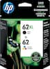 Sure, here is the corrected and grouped text from the image:
---
**hp**
**SAVE WITH XL BLACK**
**ÉCONOMISEZ AVEC LA CARTOUCHE NOIRE XL**
**62 XL**
Black Noir
+
**62**
Tri-color Tricolore
**Combo-pack**
Emballage assorti
1 HP High Yield Black Original Ink Cartridge
1 HP Standard Tri-color Original Ink Cartridge
Une noire à haut rendement cartouche d'encre d'origine HP
Une cartouche tricolore standard d'origine HP
**SAVE WITH HIGH YIELD BLACK**
**ÉCONOMISEZ AVEC UN RENDEMENT ÉLEVÉ CARTOUCHE NOIRE**
Up to 3X pages compared to HP 62
Jusqu'à 3 fois plus de pages comparativement à la cartouche d'encre HP 62 noire.
**Free recycling options for HP cartridges at www.hp.com/recycle**
**Vous trouverez des options de recyclage de cartouches HP à www.hp.com/recycle**
---
This text is organized to reflect the information on the packaging, including the product details, recycling information