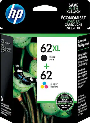 Sure, here is the corrected and grouped text from the image:
---
**hp**
**SAVE WITH XL BLACK**
**ÉCONOMISEZ AVEC LA CARTOUCHE NOIRE XL**
**62 XL**
Black Noir
+
**62**
Tri-color Tricolore
**Combo-pack**
Emballage assorti
1 HP High Yield Black Original Ink Cartridge
1 HP Standard Tri-color Original Ink Cartridge
Une noire à haut rendement cartouche d'encre d'origine HP
Une cartouche tricolore standard d'origine HP
**SAVE WITH HIGH YIELD BLACK**
**ÉCONOMISEZ AVEC UN RENDEMENT ÉLEVÉ CARTOUCHE NOIRE**
Up to 3X pages compared to HP 62
Jusqu'à 3 fois plus de pages comparativement à la cartouche d'encre HP 62 noire.
**Free recycling options for HP cartridges at www.hp.com/recycle**
**Vous trouverez des options de recyclage de cartouches HP à www.hp.com/recycle**
---
This text is organized to reflect the information on the packaging, including the product details, recycling information