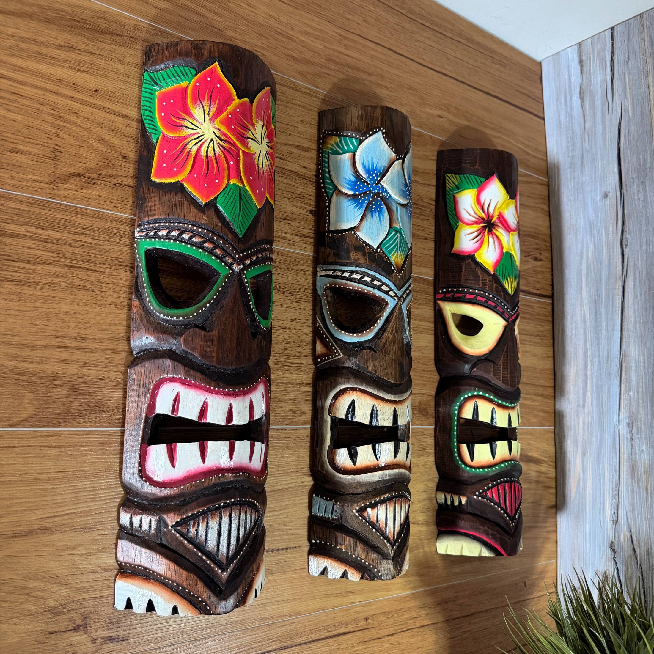 Alt View 6. Zeckos - Hand Carved Wooden Tiki Mask Wall Sculptures Set of 3 Tropical 19 Inch - Multicolored.