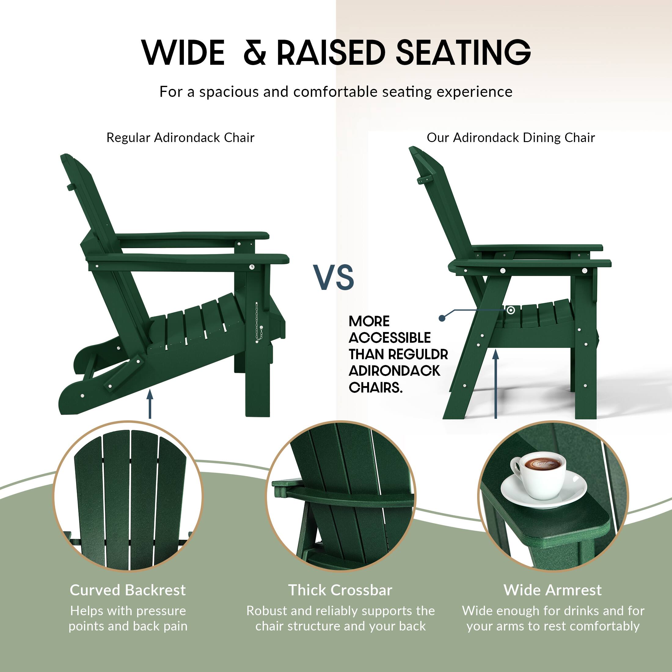 WIDE & RAISED SEATING  
For a spacious and comfortable seating experience

Regular Adirondack Chair  
VS  
Our Adirondack Dining Chair

MORE ACCESSIBLE THAN REGULAR ADIRONDACK CHAIRS.

- Curved Backrest  
  Helps with pressure points and back pain

- Thick Crossbar  
  Robust and reliably supports the chair structure and your back

- Wide Armrest  
  Wide enough for drinks and for your arms to rest comfortably
