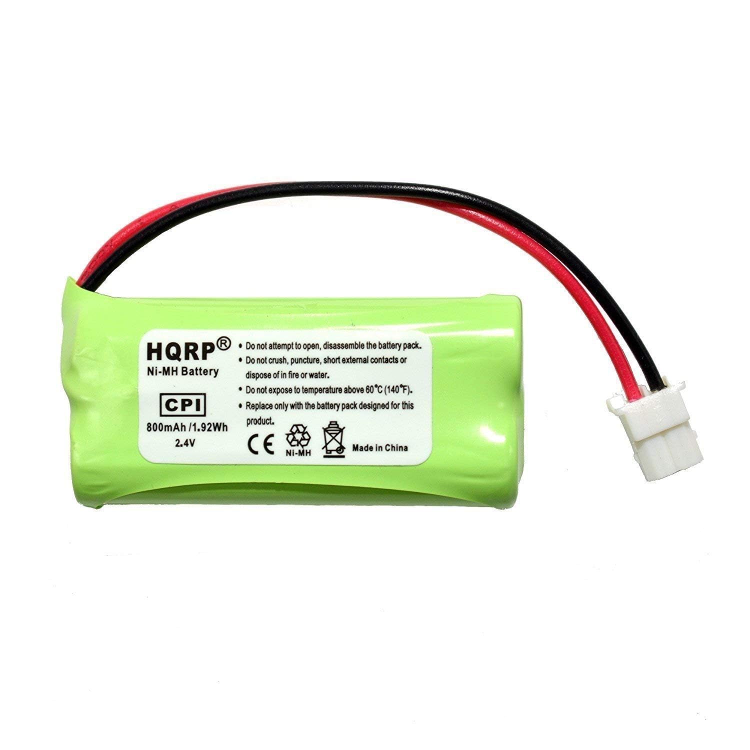 Do not attempt to open, disassemble the battery pack. Do not crush, puncture, short external contacts or dispose of in fire or water. Do not expose to temperature above 60°C (140°F). Replace only with the battery pack designed for this product. 800mAh 1.92Wh 2.4V CE Made in China