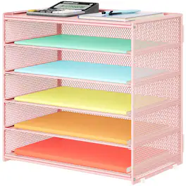 Dapper Styles - Paper Organizer Storage For Desk Accessories Workspace Organizers 6 Tier Letter Tray File Organization Met - Pink
