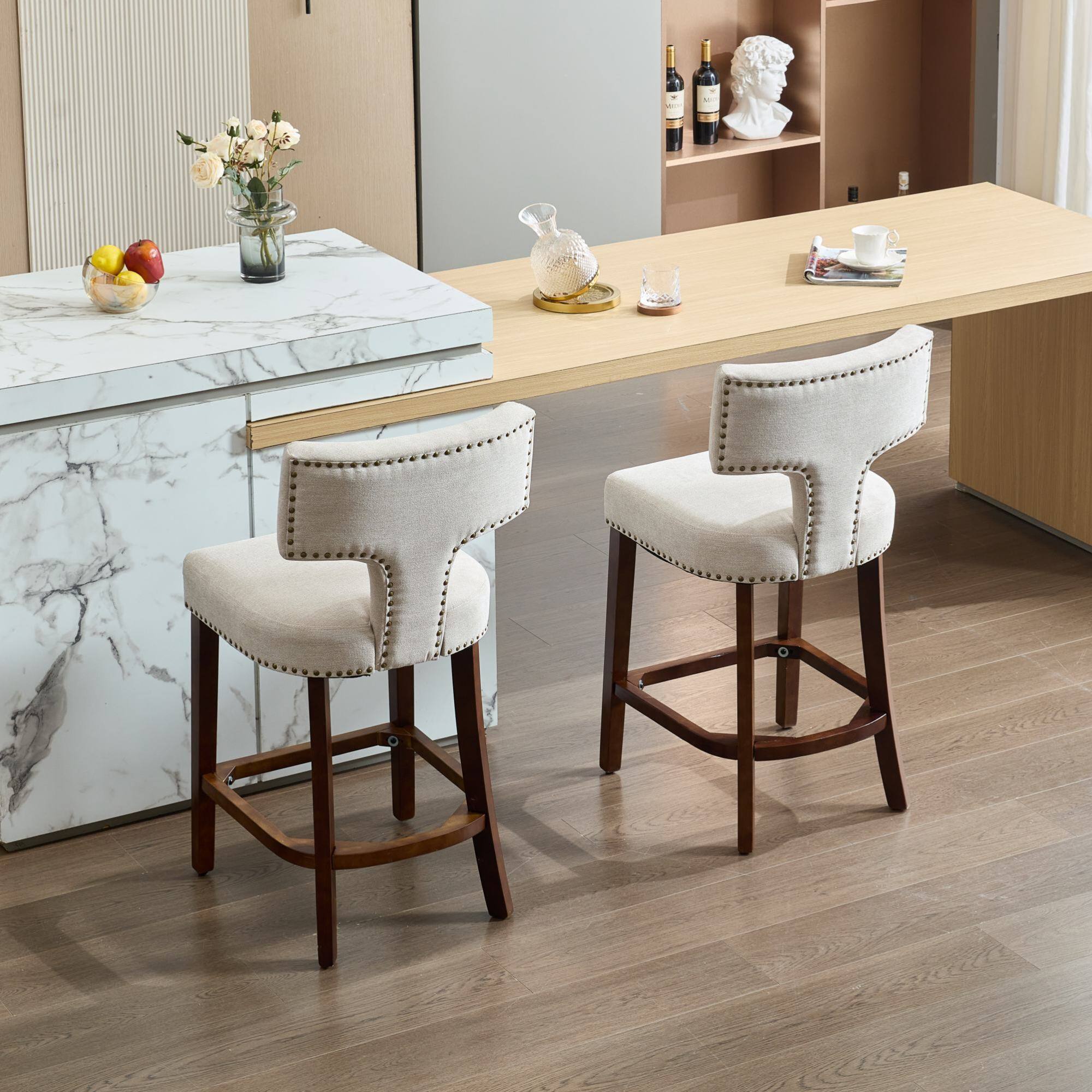 Alt View 10. GOODSILO - Modern Counter Height Bar Stools Set of 2, Farmhouse Upholstered Accent Chairs with Curved Backrest and Hardwood Frame - Beige.