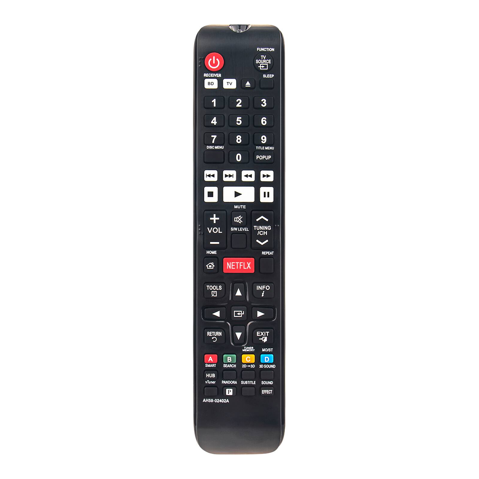 FUNCTION TV SOURCE RECEIVER SLEEP BD TV 1 2 3 4 5 6 7 DBC M 8 0 9 TIILE MEMU POPUP |44 - " + VOL MUTE  SW LEVEL TUNING CH HOME REPEAT NETFLX TOOLS INFO I RETURN C EXIT FOR MOIST A B C D SART SEARCH 20-+30 & SOUND HUB Viater PRADORA SUBTITLE SOUND P EVECT AM59-02402A