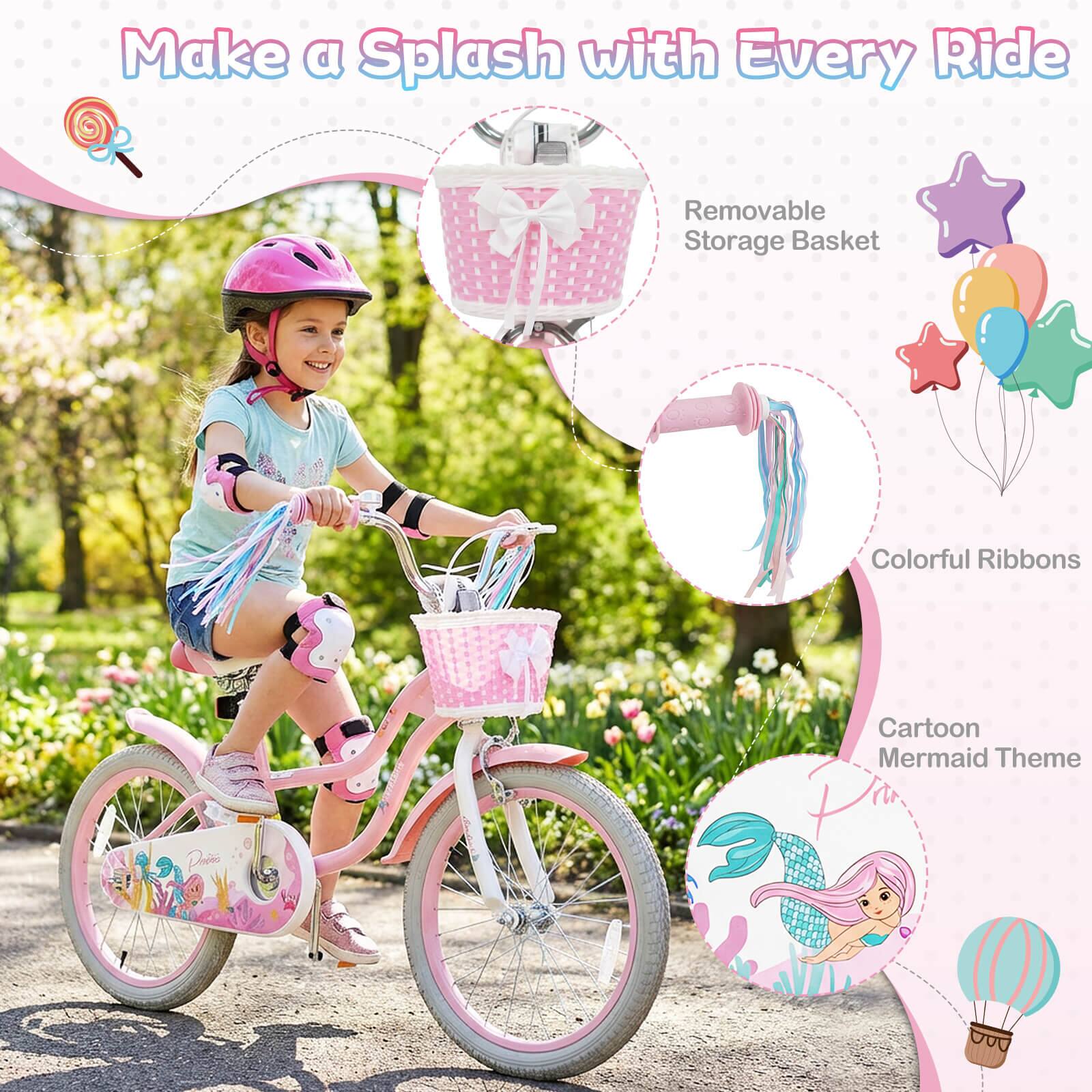Make a Splash with Every Ride

- Removable Storage Basket
- Colorful Ribbons
- Cartoon Mermaid Theme