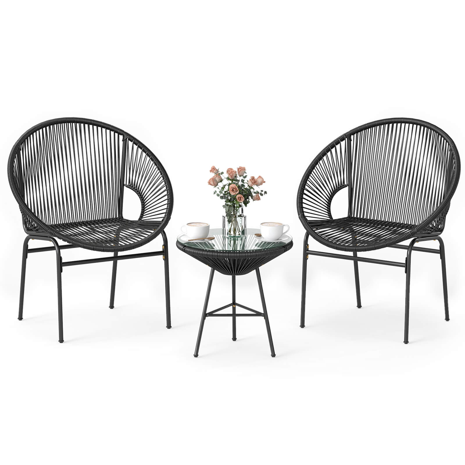 Alt View 1. Costway - Costway 3PCS Patio Acapulco Furniture Bistro Set Plastic Rope Glass Table - Black.