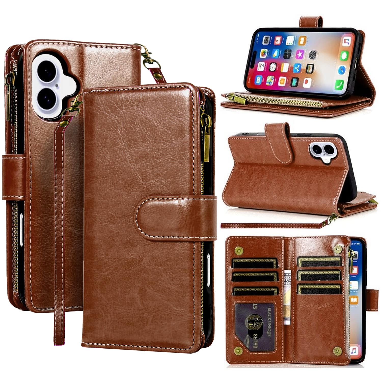 Equipd- Phone Case for iPhone 16 (6.1"), Luxury Wallet Card ID Zipper Money Holder Cover- Brown