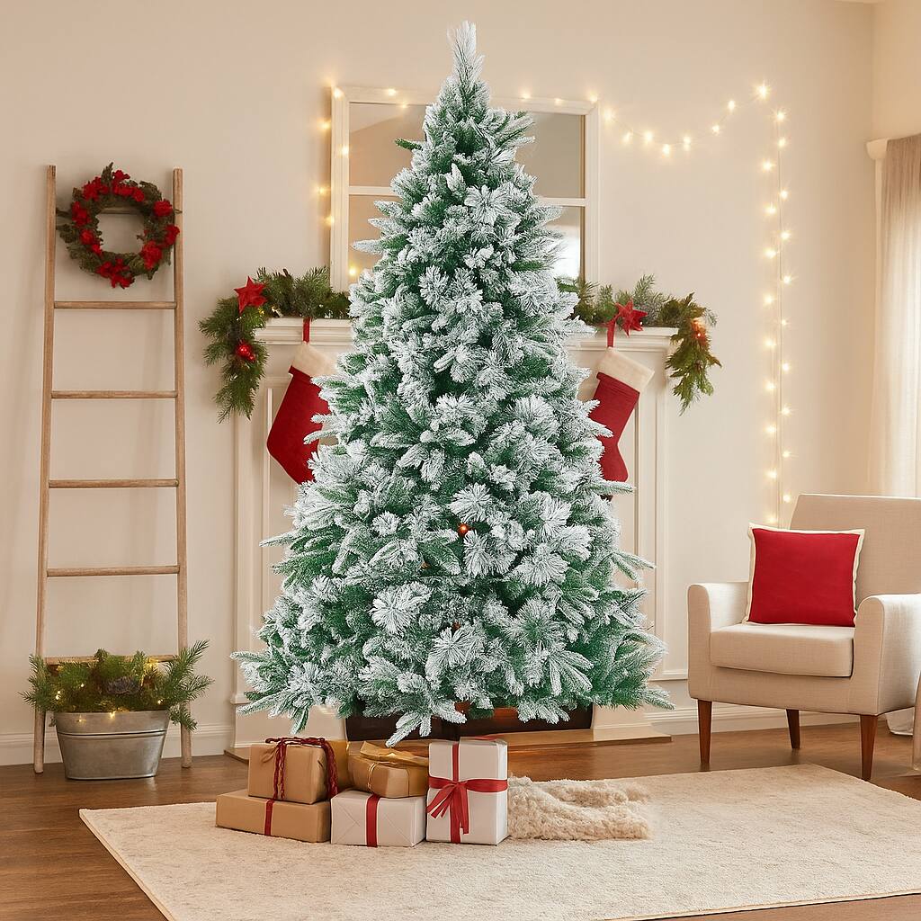 Angle. BreeBe - Flocked Christmas Tree with 250 Warm White LED Lights and 752 Mixed Branch Tips - Green.