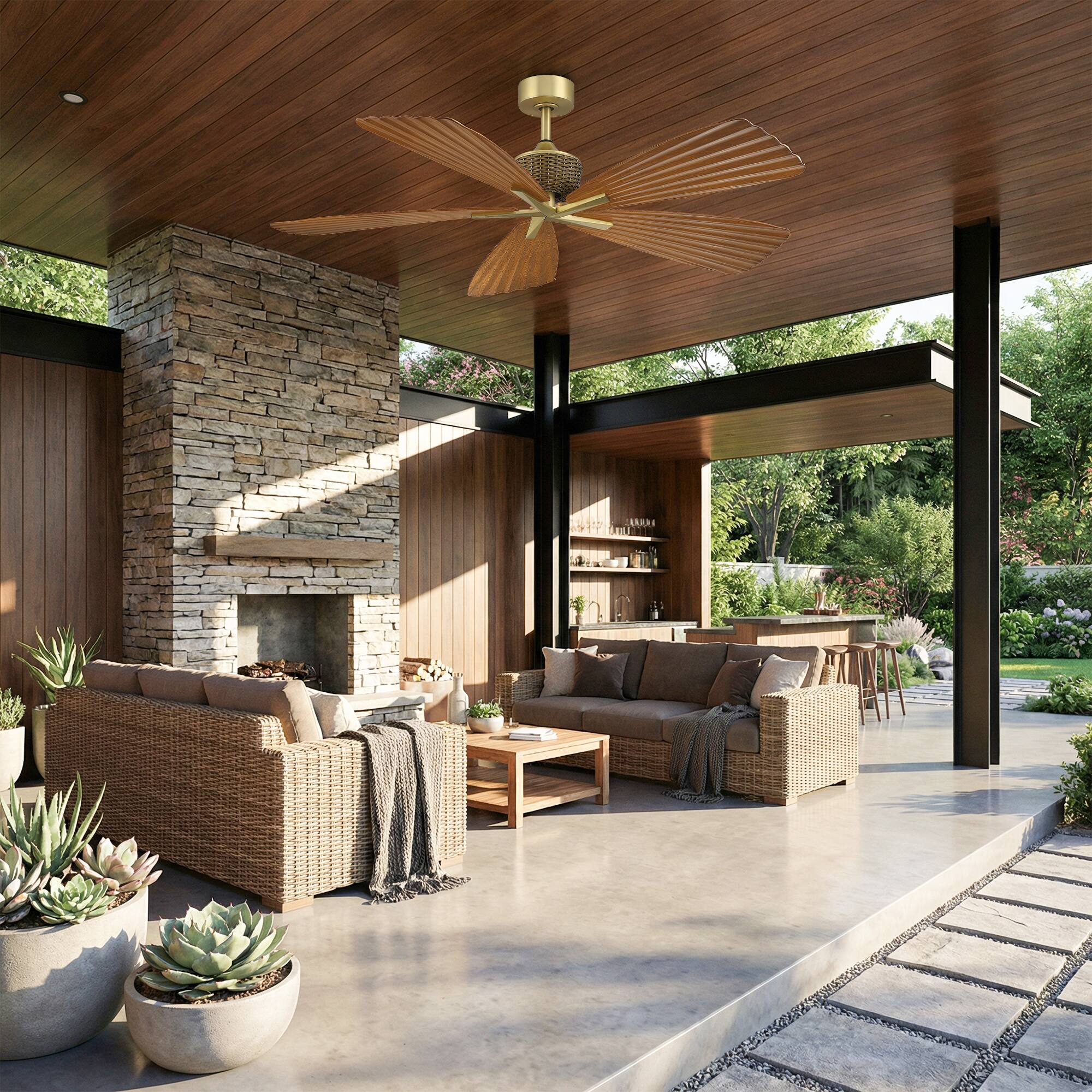 Alt View 1. Parrot Uncle - 56" Brown Tropical Pleated Leaf 5-Blade Indoor Outdoor Ceiling Fan with Remote, No Light - Gold.