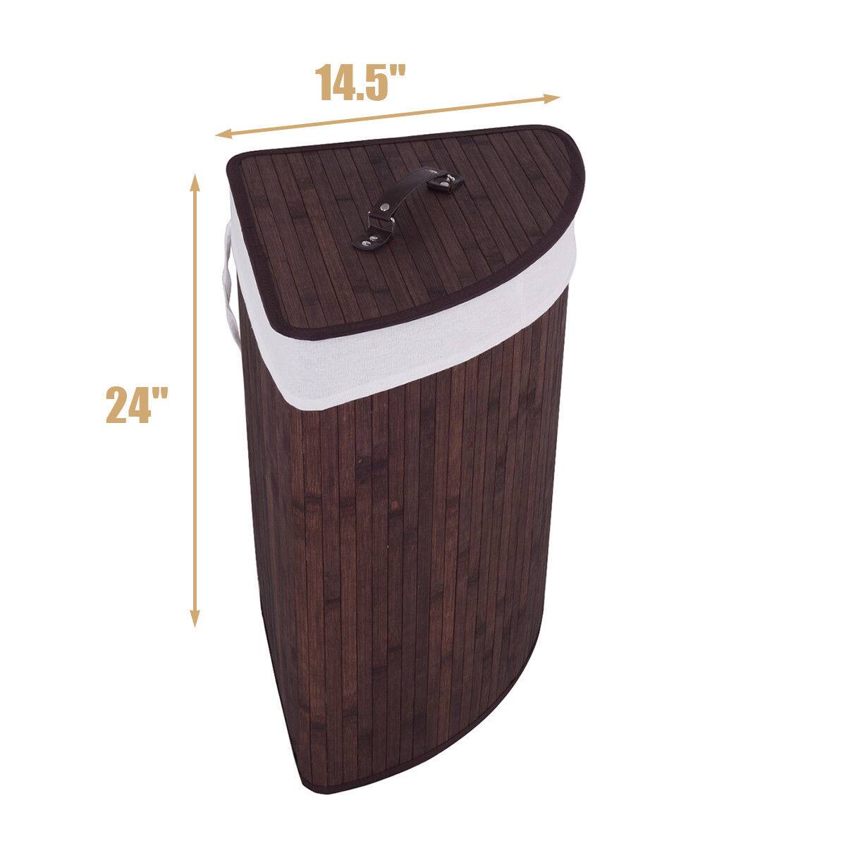 The image shows a wooden trash can with a white liner. The trash can measures 14.5 inches in height and 24 inches in diameter.
