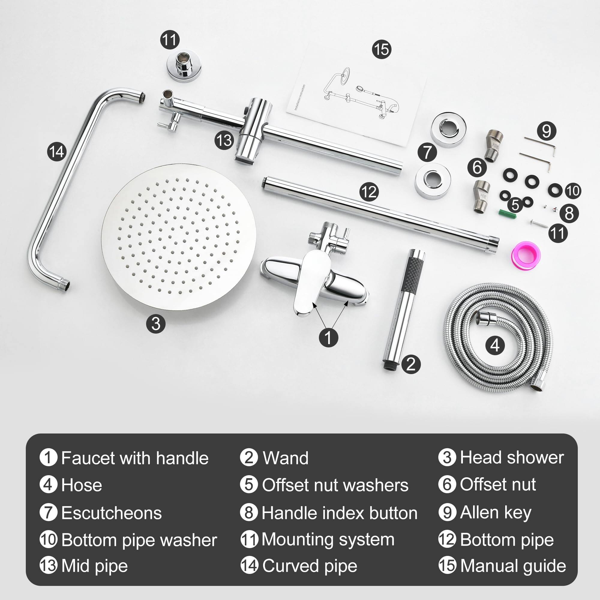 1. Faucet with handle  
2. Wand  
3. Head shower  
4. Hose  
5. Offset nut washers  
6. Offset nut  
7. Escutcheons  
8. Handle index button  
9. Allen key  
10. Bottom pipe washer  
11. Mounting system  
12. Bottom pipe  
13. Mid pipe  
14. Curved pipe  
15. Manual guide