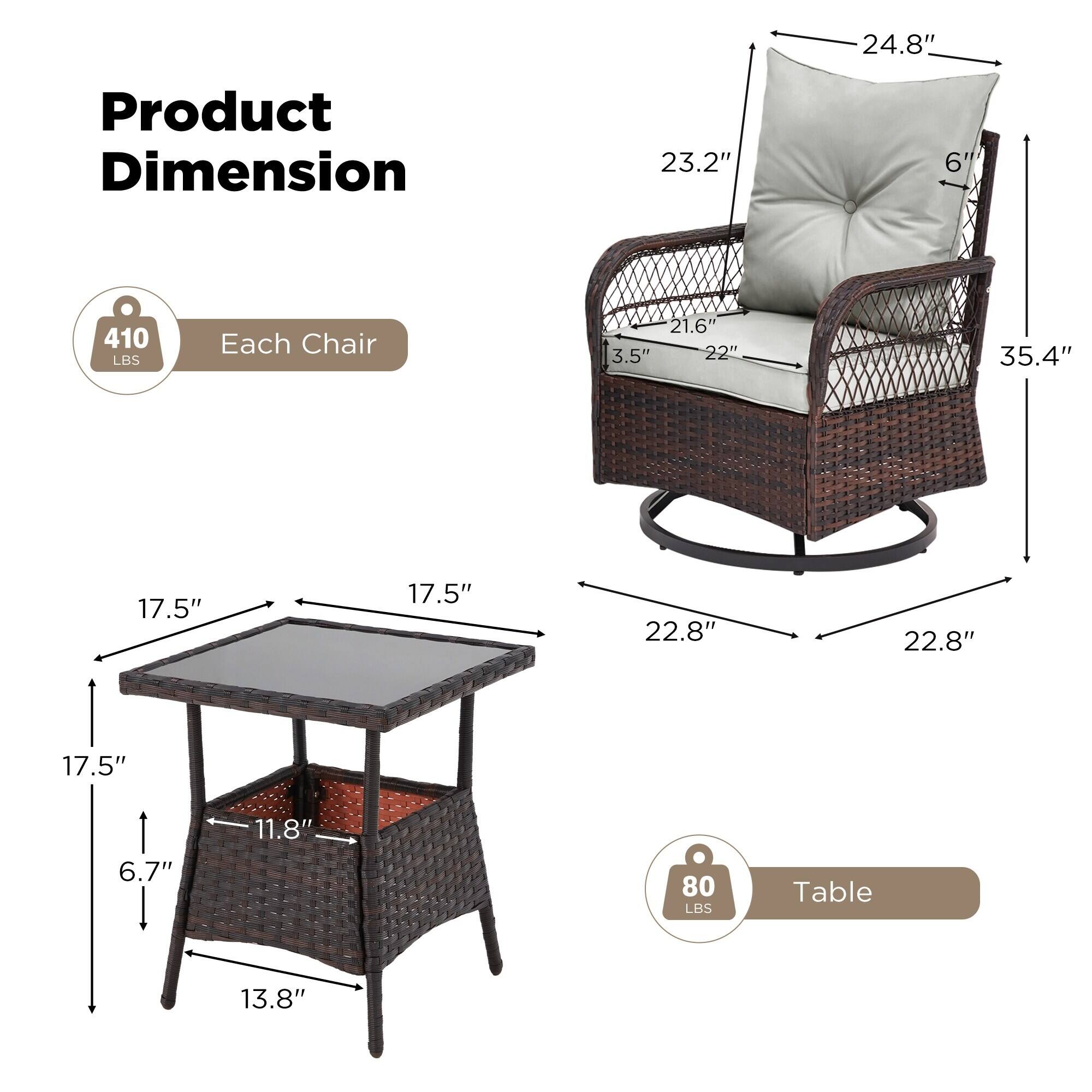 Product Dimension

Each Chair
- 24.8" (Height)
- 23.2" (Width)
- 6" (Depth)
- 35.4" (Height)
- 21.6" (Seat Height)
- 3.5" (Seat Depth)
- 22" (Seat Width)
- 17.5" (Armrest Height)
- 17.5" (Armrest Width)
- 22.8" (Base Diameter)
- 22.8" (Base Diameter)
- 6.7" (Leg Height)
- 11.8" (Leg Height)
- 410 LBS (Weight Capacity)

Table
- 17.5" (Height)
- 17.5" (Width)
- 17.5" (Depth)
- 13.8" (Leg Height)
- 6.7" (Leg Height)
- 11.8" (Leg Height)
- 80 LBS (Weight Capacity)