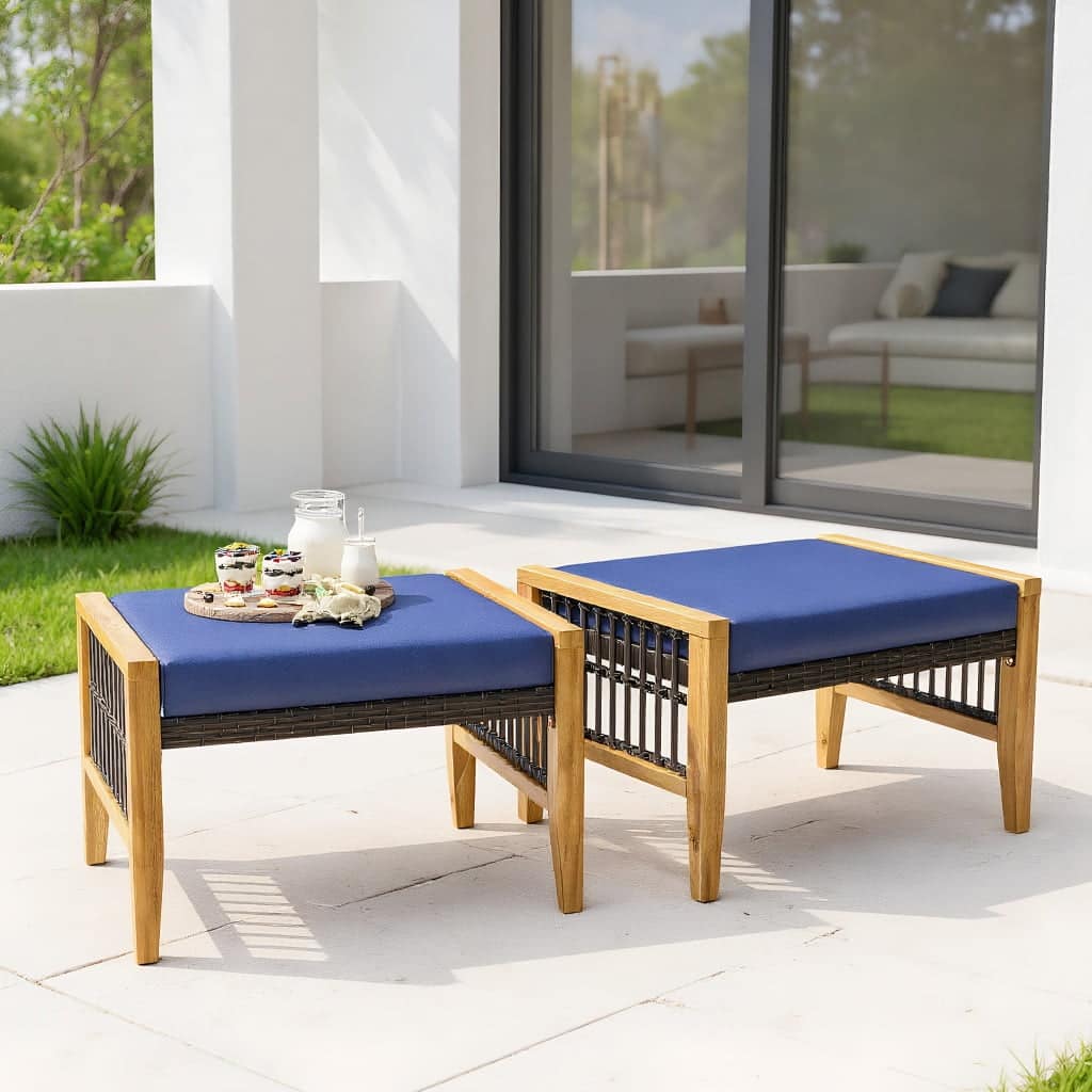 Kadyn - Patio Acacia Wood Ottomans with Cushions and Versatile Rattan Woven Footstools-Navy, All Weather Acacia Ottoman - Blue