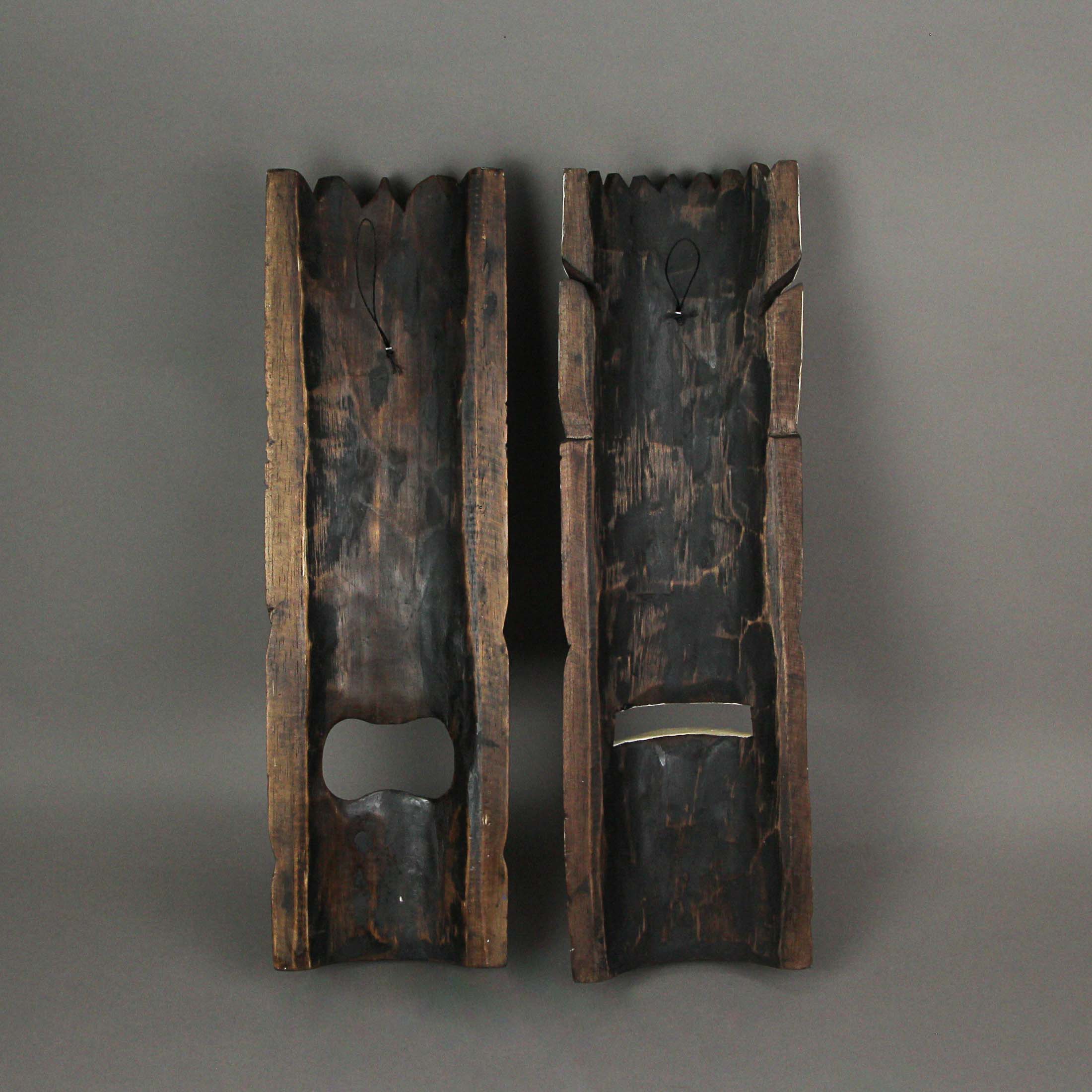 Alt View 2. J.D. Yeatts - Set of 2 Hand Carved Brown Stained and Painted Wood Polynesian Style Tiki Wall Hanging Masks 20 Inches High - Multicolored.