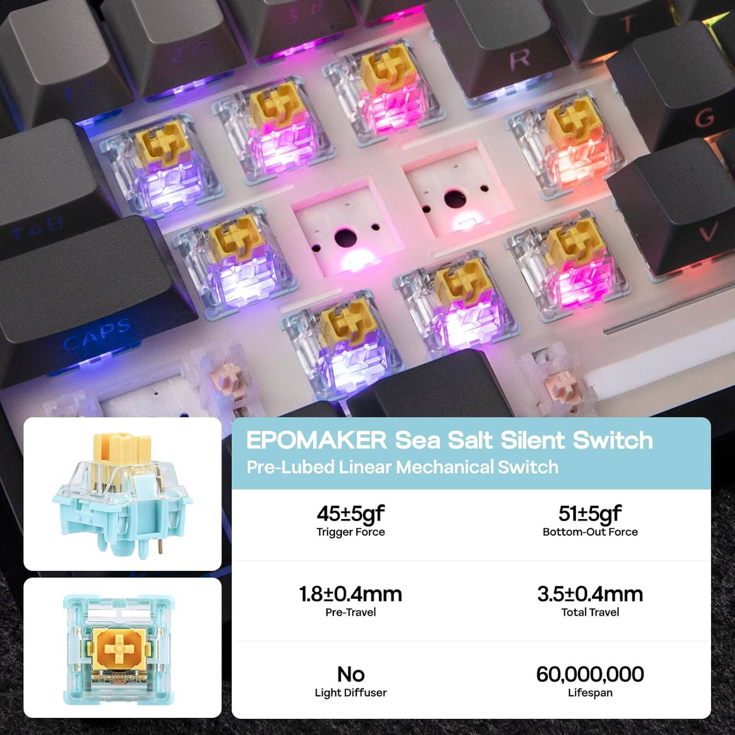 EPOMAKE Sea Salt Silent Switch  
Pre-Lubed Linear Mechanical Switch  

- Trigger Force: 45±5gf  
- Bottom-Out Force: 51±5gf  
- Pre-Travel: 1.8±0.4mm  
- Total Travel: 3.5±0.4mm  
- No Light Diffuser  
- Lifespan: 60,000,000