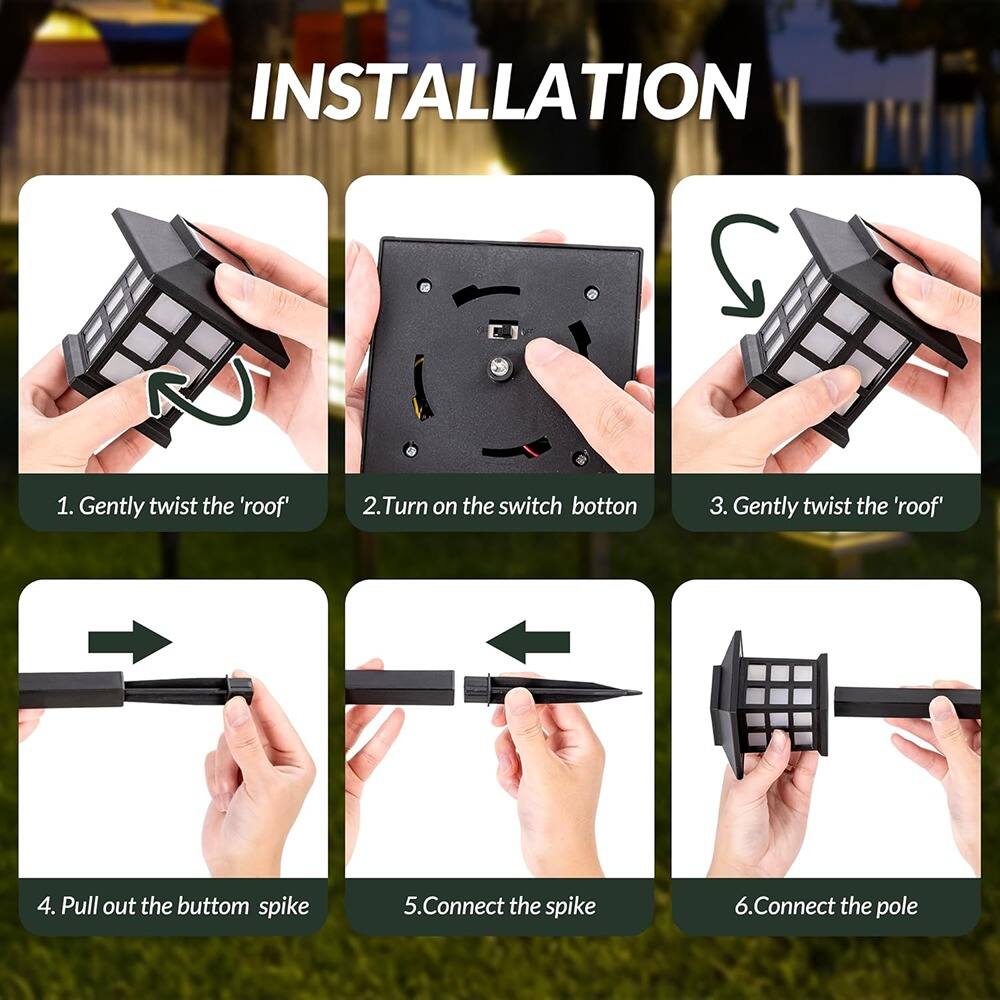 INSTALLATION

1. Gently twist the 'roof'
2. Turn on the switch button
3. Gently twist the 'roof'
4. Pull out the bottom spike
5. Connect the spike
6. Connect the pole