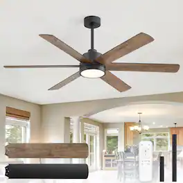 Breezary - 60 Inch Modern LED Ceiling Fan with Light and Remote, 6 Reversible Plywood Blades,6&12 Inch Downrods Included - matte black and walnut