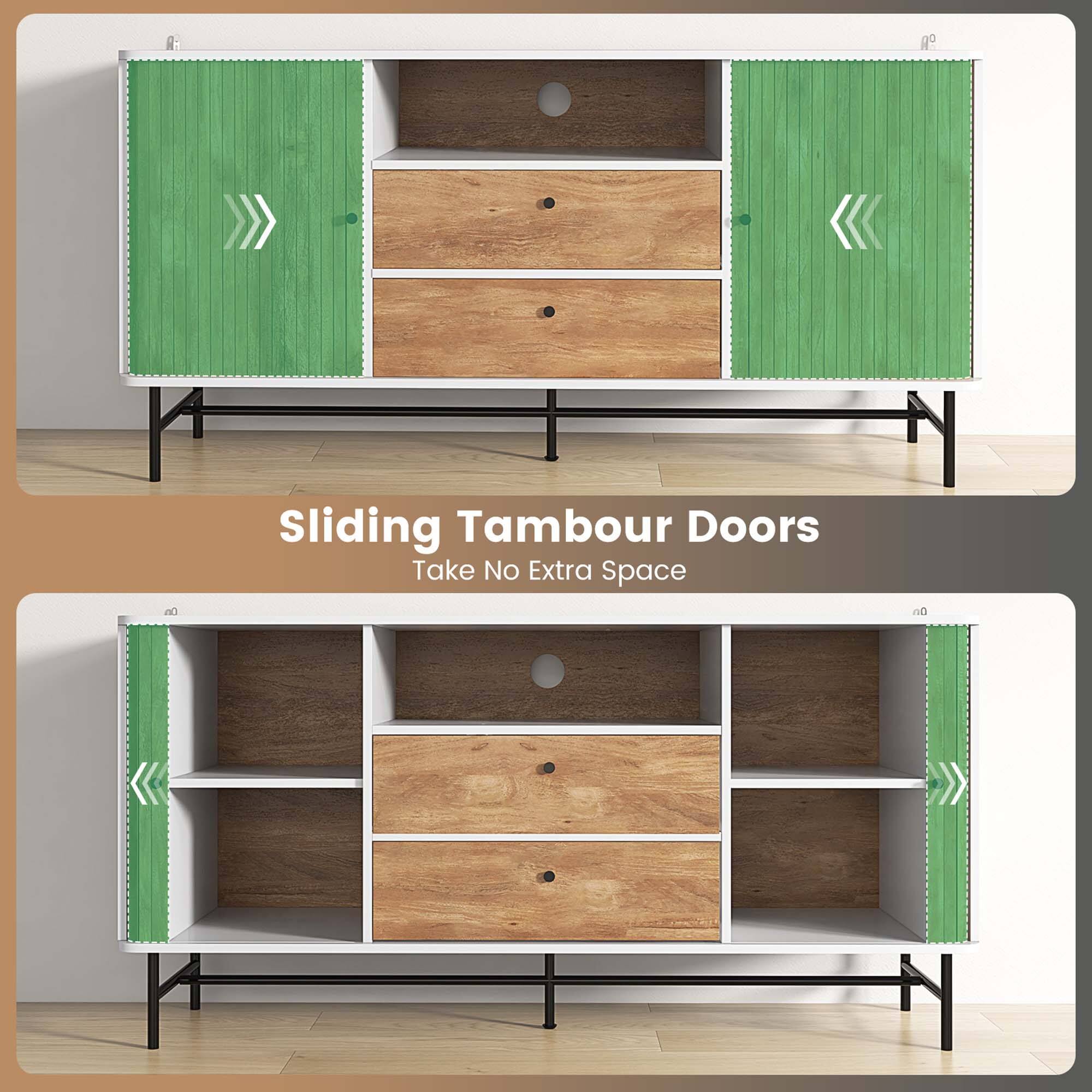 The text on the image reads "Sliding Tambour Doors Take No Extra Space."