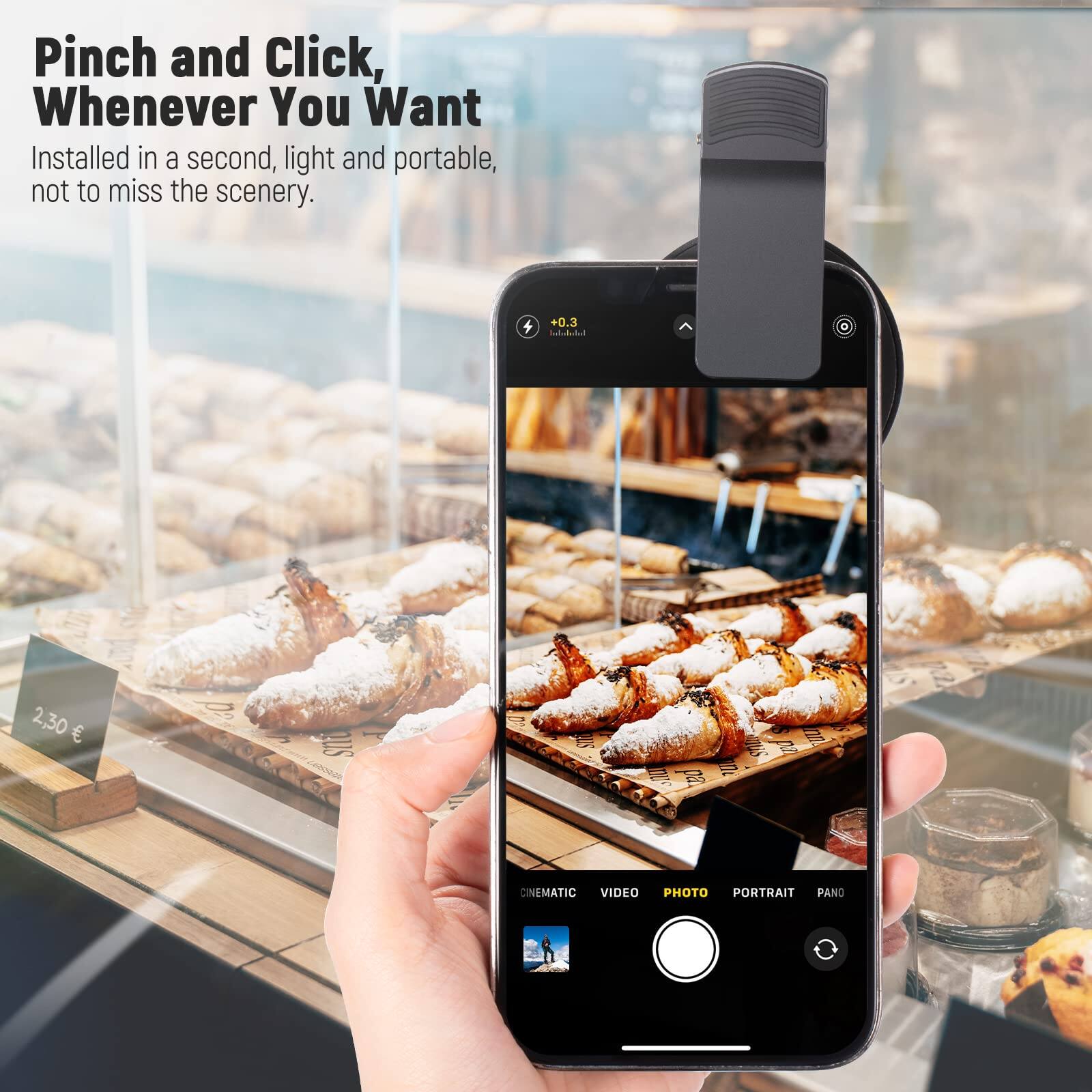 Pinch and Click, Whenever You Want  
Installed in a second, light and portable, not to miss the scenery.  

+0.3  
2,30 €  

id QuS T crnnoas = ST a p OE  

ONEMATIC VIDEO PHOTO PORTRAIT PANO