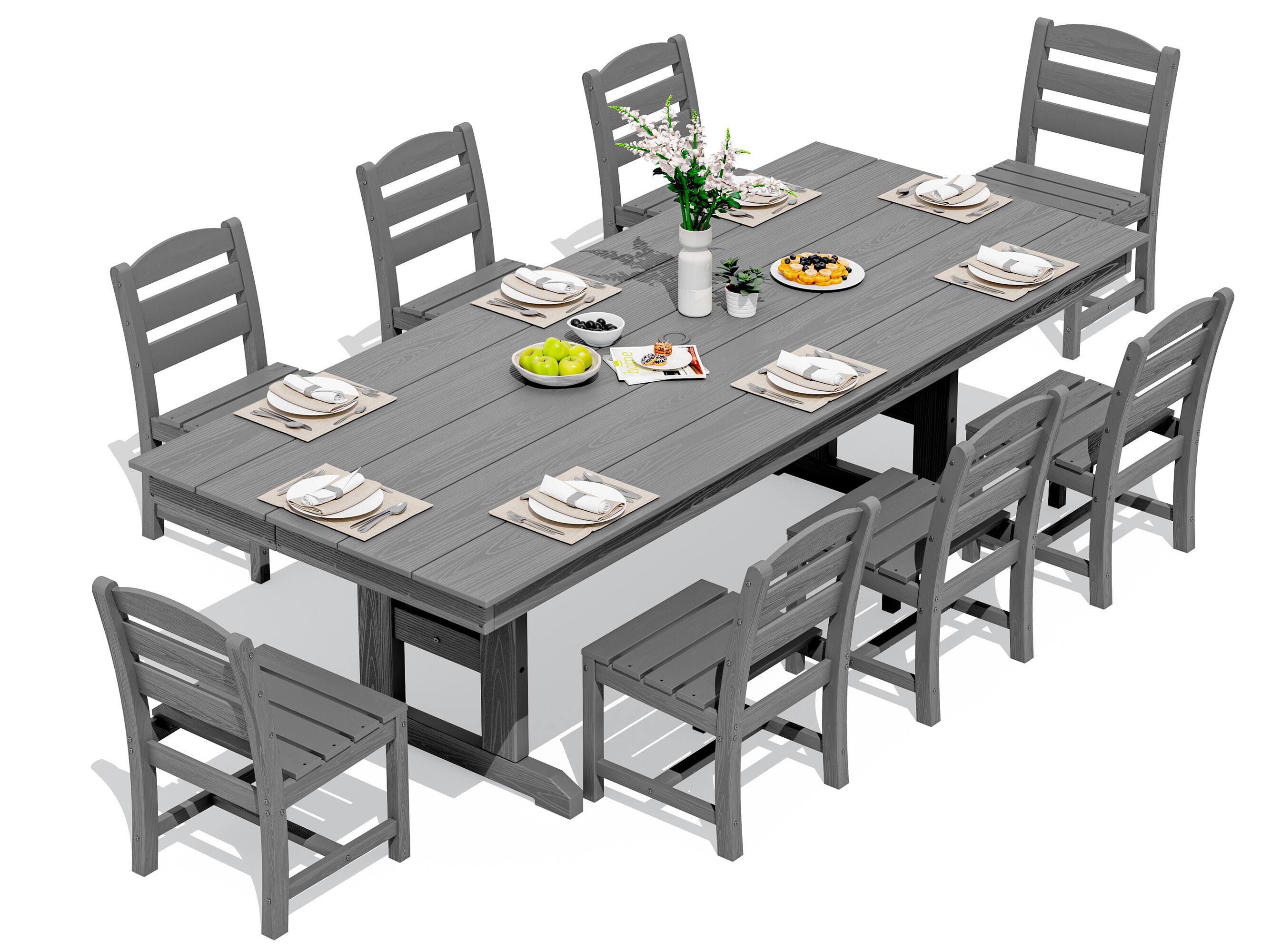 Angle. SERWALL - 9 Piece 84" HDPE Outdoor Dining Set for 8 with Armless Chairs and Umbrelle Hole - Gray.