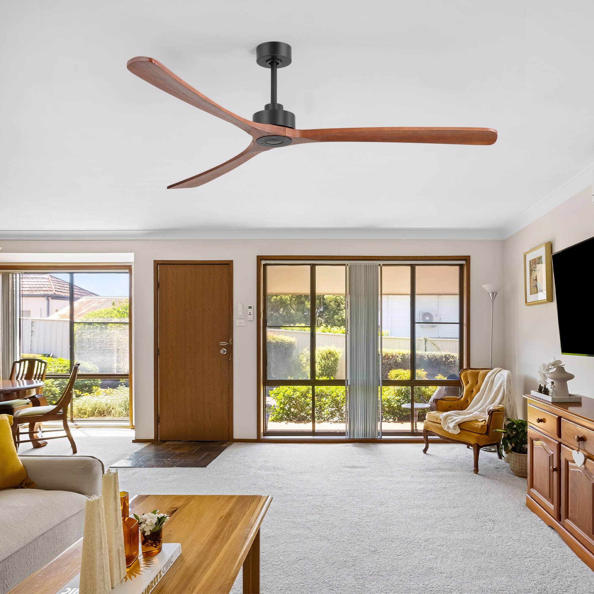 Back. Breezary - 72-Inch No-Light Ceiling Fan with 3 Wood Blades, DC Motor, 6''&12'' Downrods, 6-Speed Remote Control & Timer - Matte Black and Red.