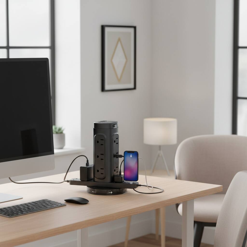Alt View 1. Dazzed Corner - Semi-Retractable Tower Surge Protector – USB-C PD, 10Ft Cord - Black.