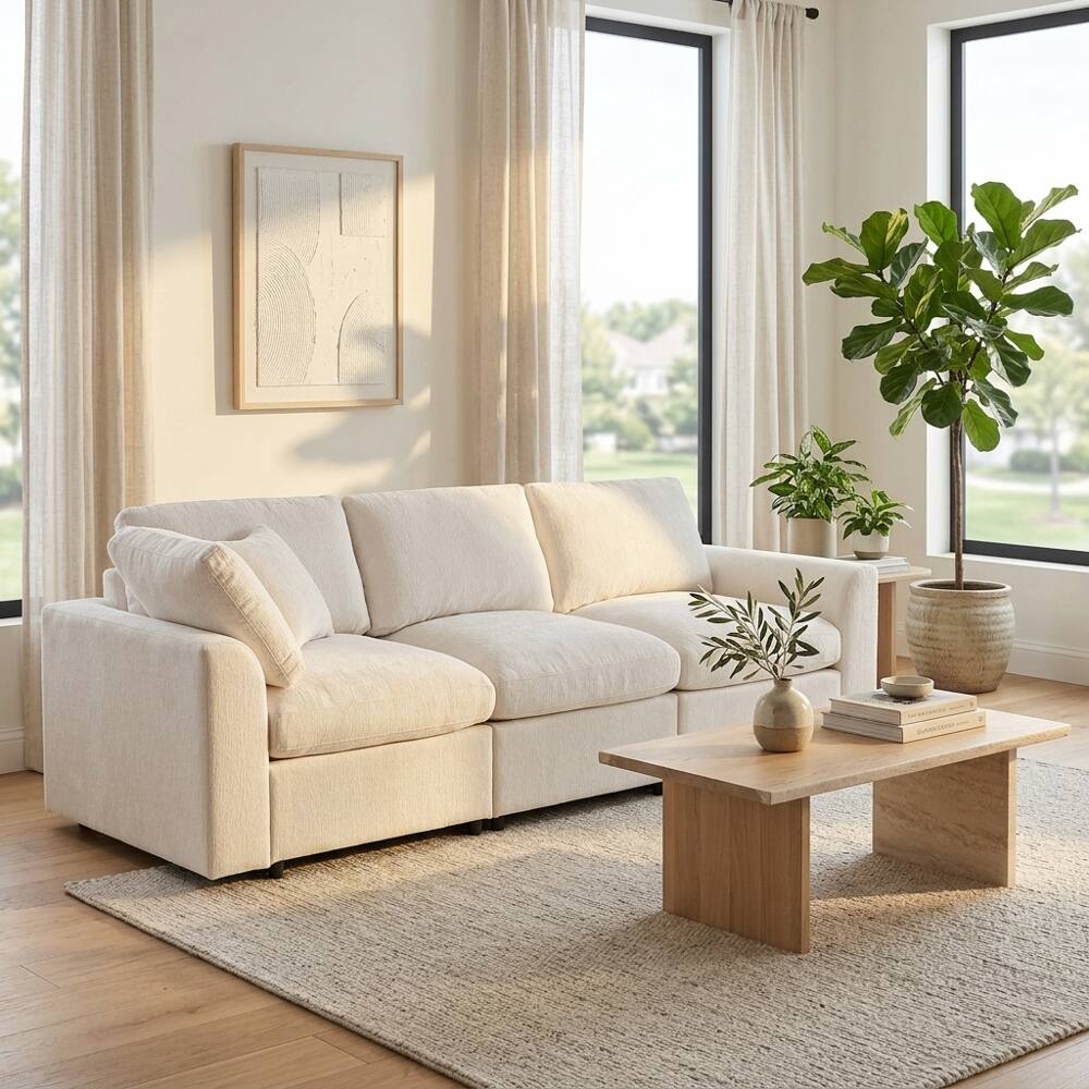 Angle. Loheer - Loheer 101.57" Modern 3-Seater Sofa Chenille Couch with Solid Wood Frame Deep Seating Living Room Sofa with Throw Pillow - Beige.
