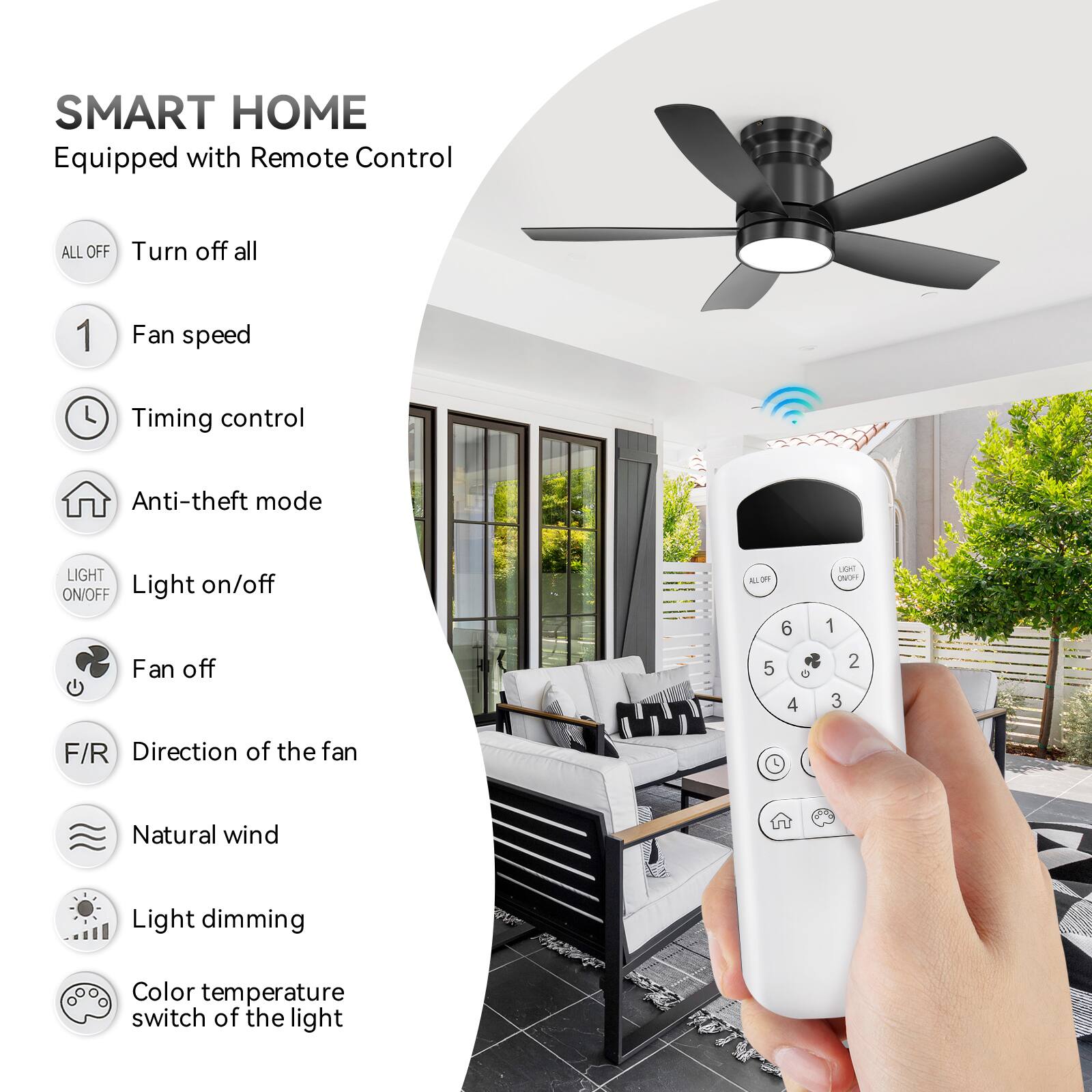 SMART HOME  
Equipped with Remote Control  

- ALL OFF: Turn off all  
- 1: Fan speed  
- Timing control  
- Anti-theft mode  
- LIGHT ON/OFF: Light on/off  
- Fan off  
- F/R: Direction of the fan  
- Natural wind  
- Light dimming  
- Color temperature switch of the light