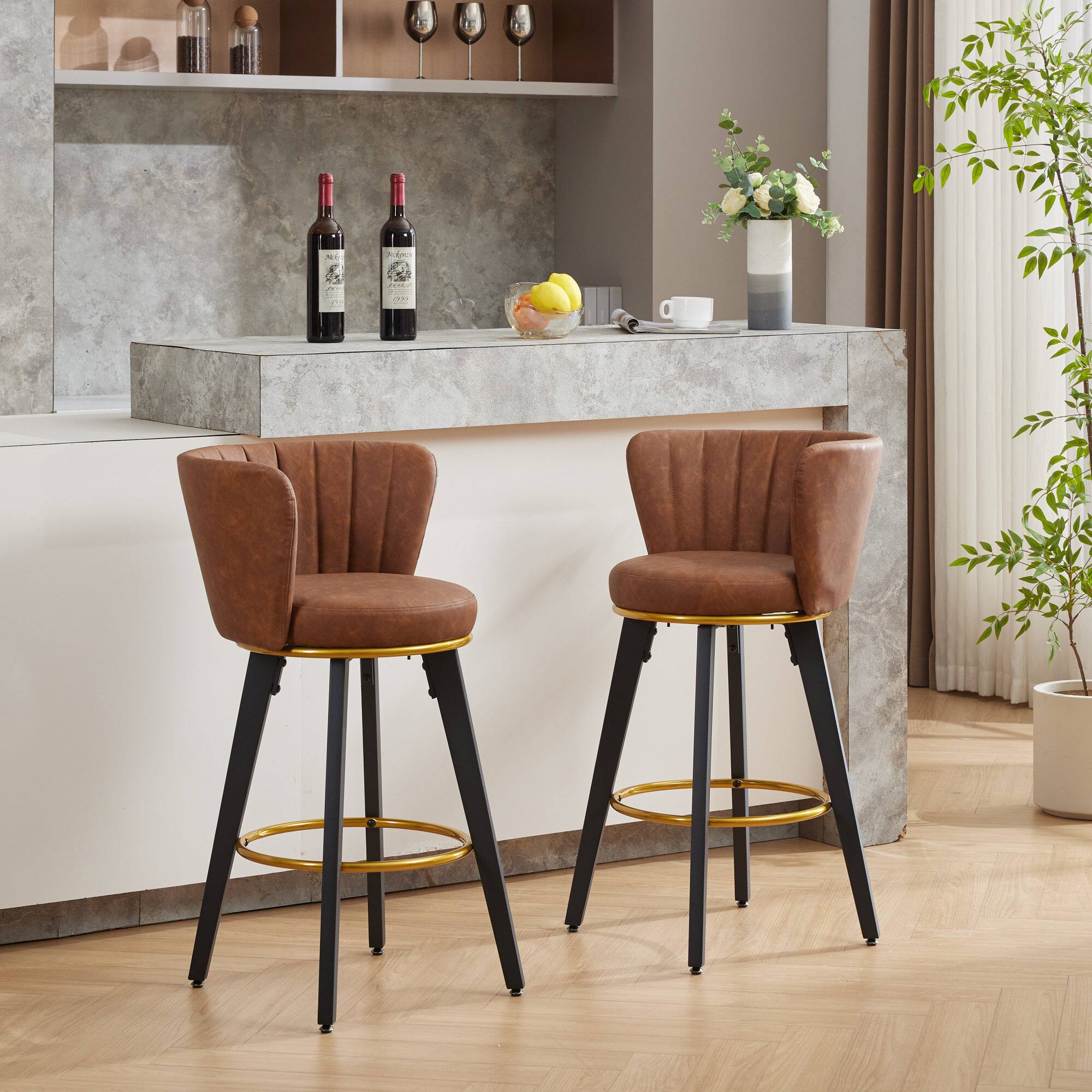 Alt View 8. GOODSILO - Modern Swivel Counter Height Bar Stools Set of 2 with Upholstered Backs and Metal Legs - Brown.