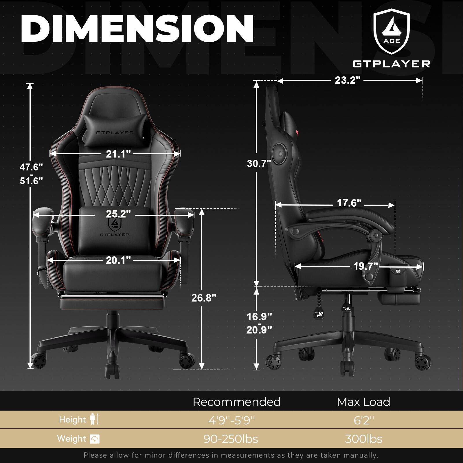 DIMENSIONS ACE GTPLAYER 23.2" 47.6" 51.6" 21.1" 30.7" 25.2" 17.6" 20.1" 19.7" 26.8" 16.9" 20.9" Recommended Max Load Height 4'9"-5'9" 6'2" Weight 90-250lbs 300lbs Please allow for minor differences in measurements as they are taken manually.