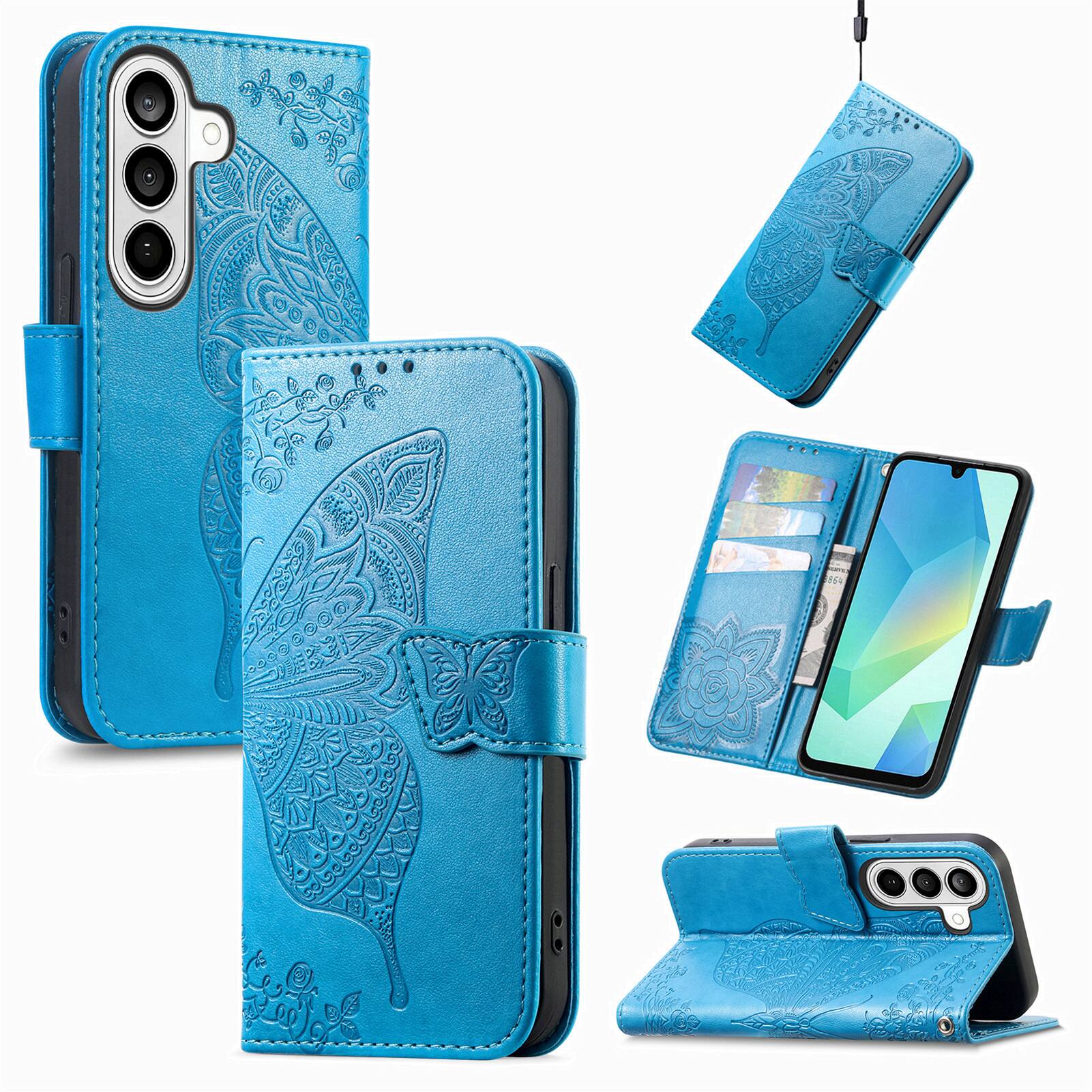 Angle. Dteck - Wallet Case for Samsung Galaxy S25, Embossed Butterfly Pattern Leather Card Slots Flip Stand Cover+Strap - Blue.