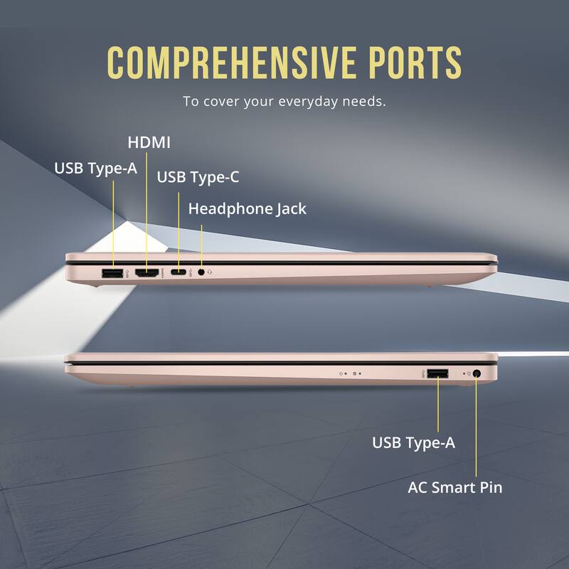 COMPREHENSIVE PORTS  
To cover your everyday needs.  

- HDMI  
- USB Type-A  
- USB Type-C  
- Headphone Jack  
- USB Type-A  
- AC Smart Pin