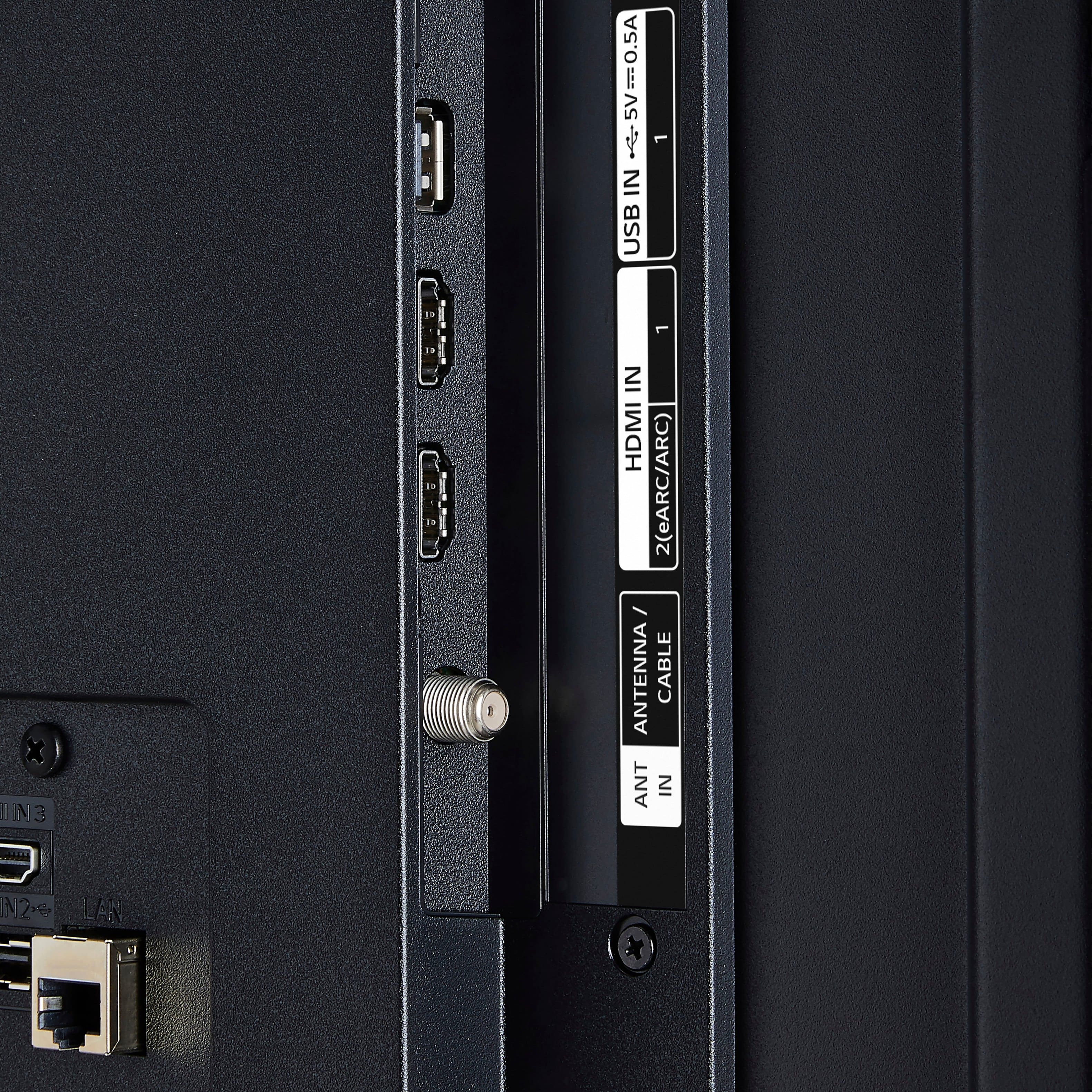 The text on the image is:
"45V=0.5A 5V IN USB 1 19 1 IN3 I IN HDMI 2 (eARC/ARC) / ANTENNA CABLE ANT IN IN2 LAN"
Corrected text:
"45V = 0.5A 5V IN USB 1 19 1 IN3 I IN HDMI 2 (eARC/ARC) / ANTENNA CABLE ANT IN IN2 LAN"