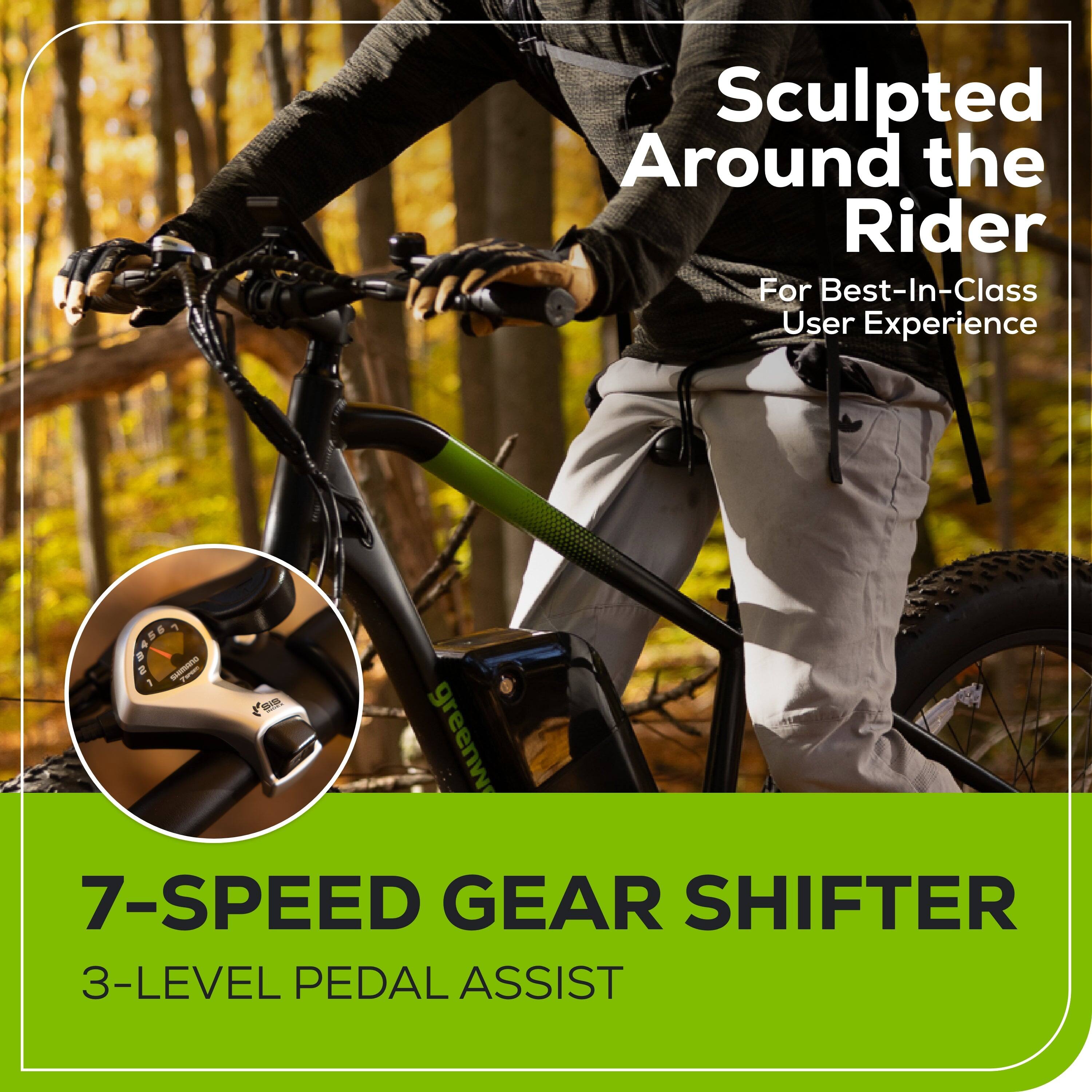 Sculpted Around the Rider For Best-In-Class User Experience

7-SPEED GEAR SHIFTER

3-LEVEL PEDAL ASSIST