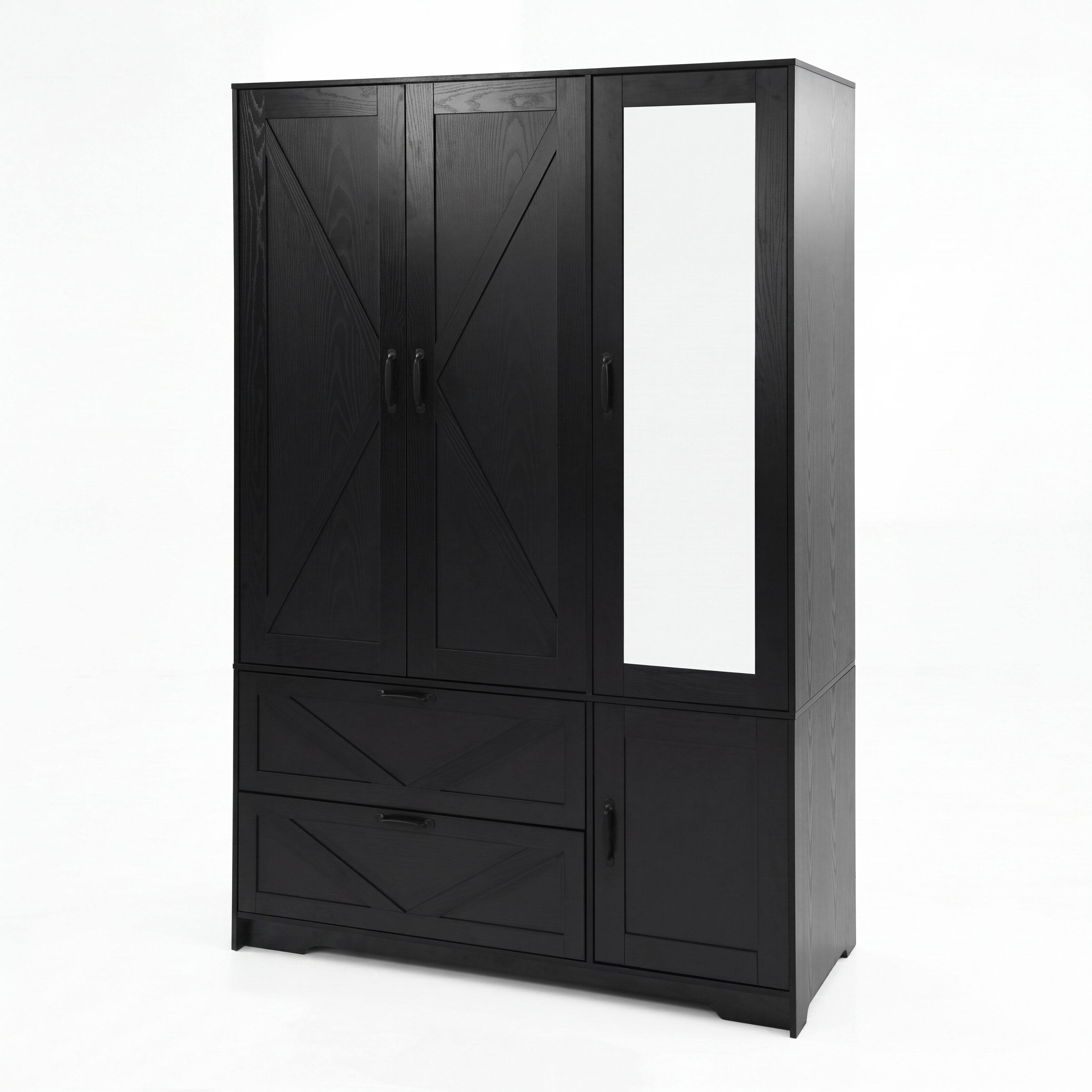 Alt View 7. MERAVOM - Wardrobe Closet with Mirror, 4 Doors and 2 Drawers, Wooden Wardrobe Storage Cabinet with Hanging Rod, Adjustable Shelves - Black.