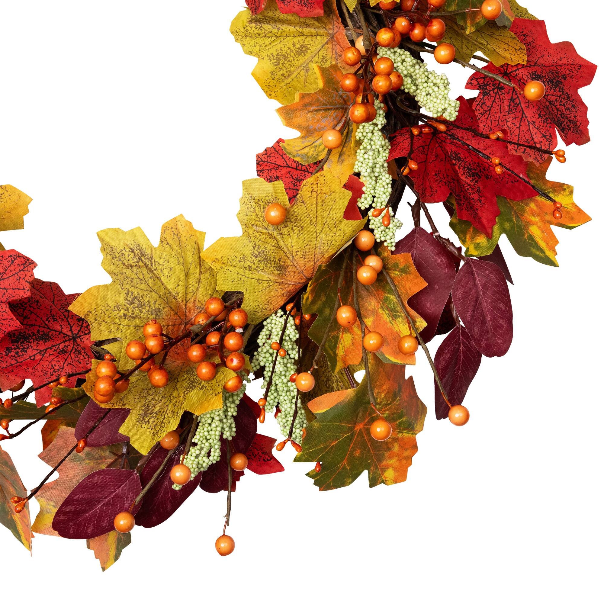 Alt View 3. Northlight - Leaves and Berries Artificial Fall Harvest Wreath - 20" - Red.